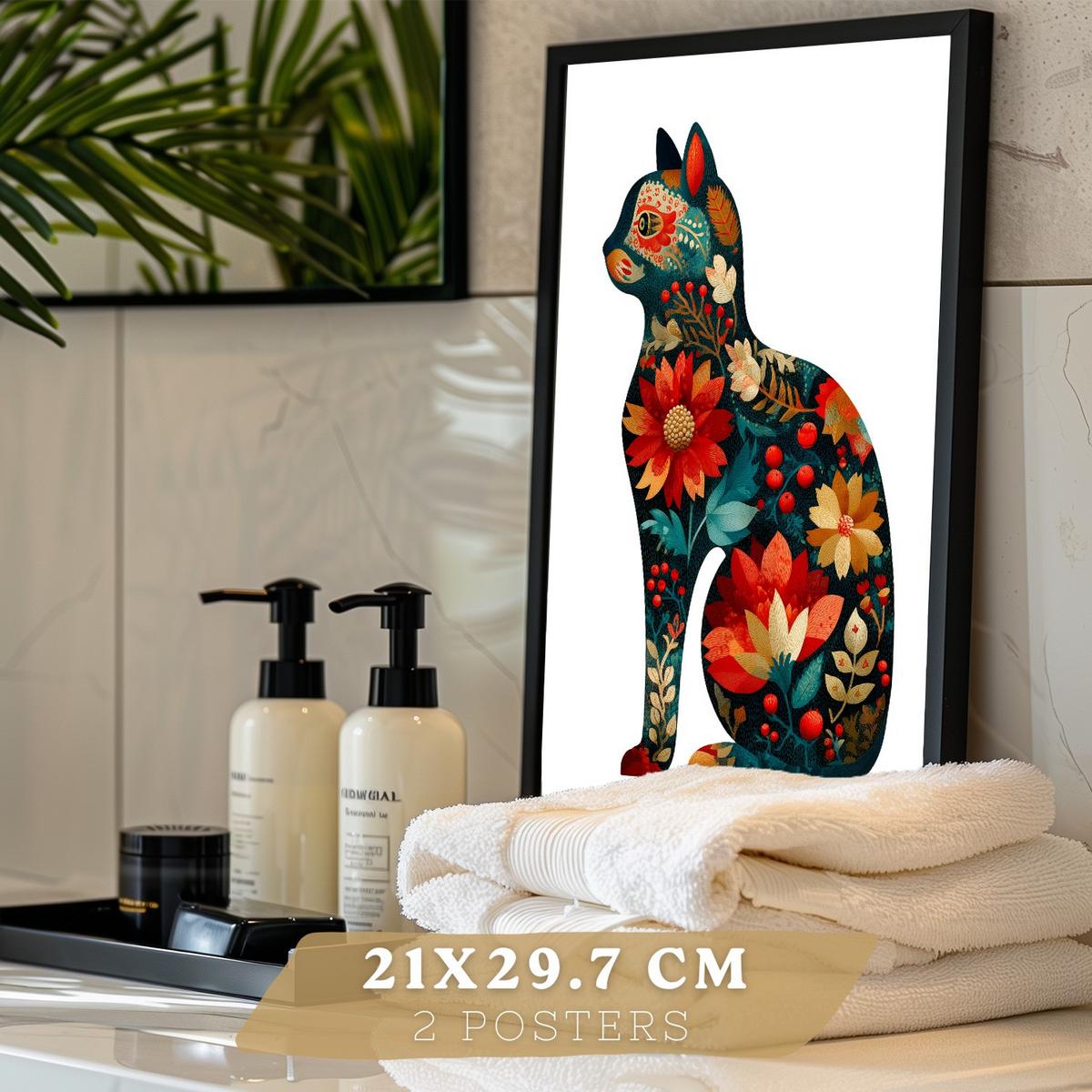 POSTER 2er-Set dekorative Badezimmer-Kunstdrucke, im Stil der Volkskunst für Wand, Toilette mit Vögeln und elegantem Blumen-Katzen Schwarzer Rahmen A4 - Schwarz, Papier (29.7/21/3cm) - Nacnic