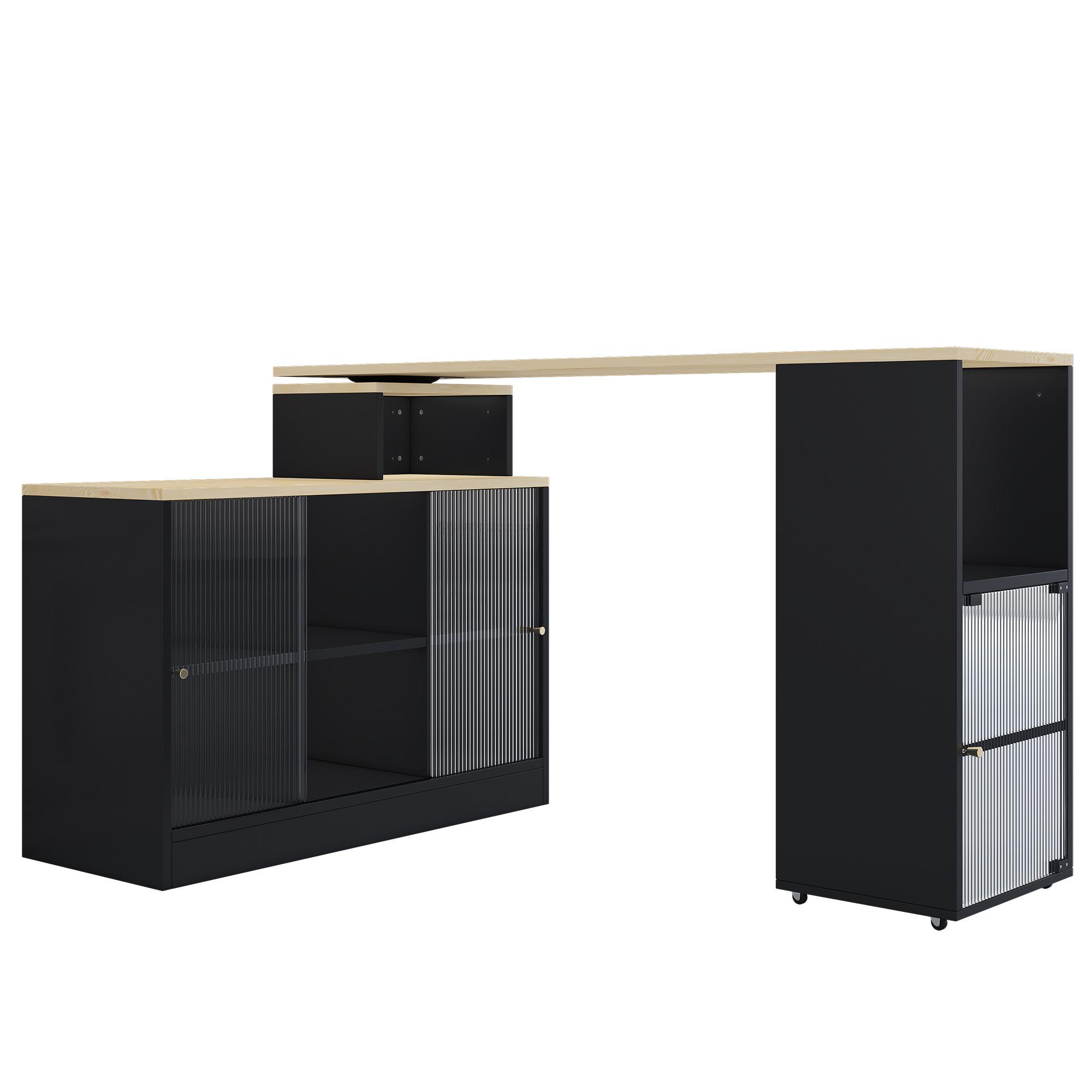 KÜCHENINSEL ausziehbar 170 cm Schwarz – Drehbare Barinsel mit Glas-Schiebetüren & Stauraum - Schwarz, Holzwerkstoff (115/60/100cm) - Urban Meuble