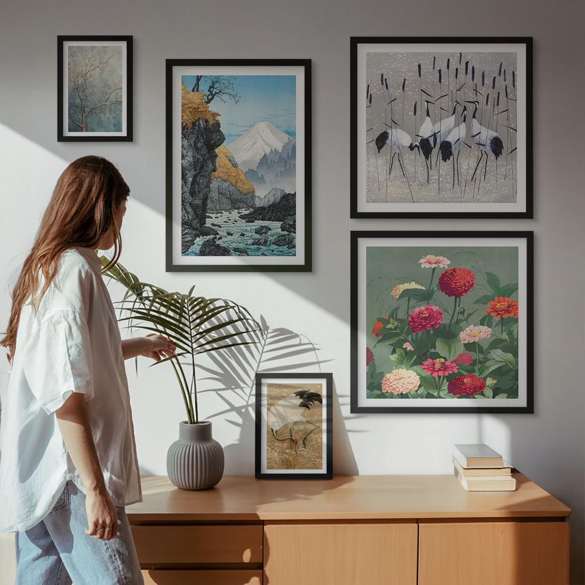 BILDER SET 5er Set - 50x50 cm & 20x30 cm & 40x60 cm Schwarzer Rahmen - Berge, Fluss, Blumen, Kraniche - Schwarz, Kunststoff (40/60cm) - TULUP