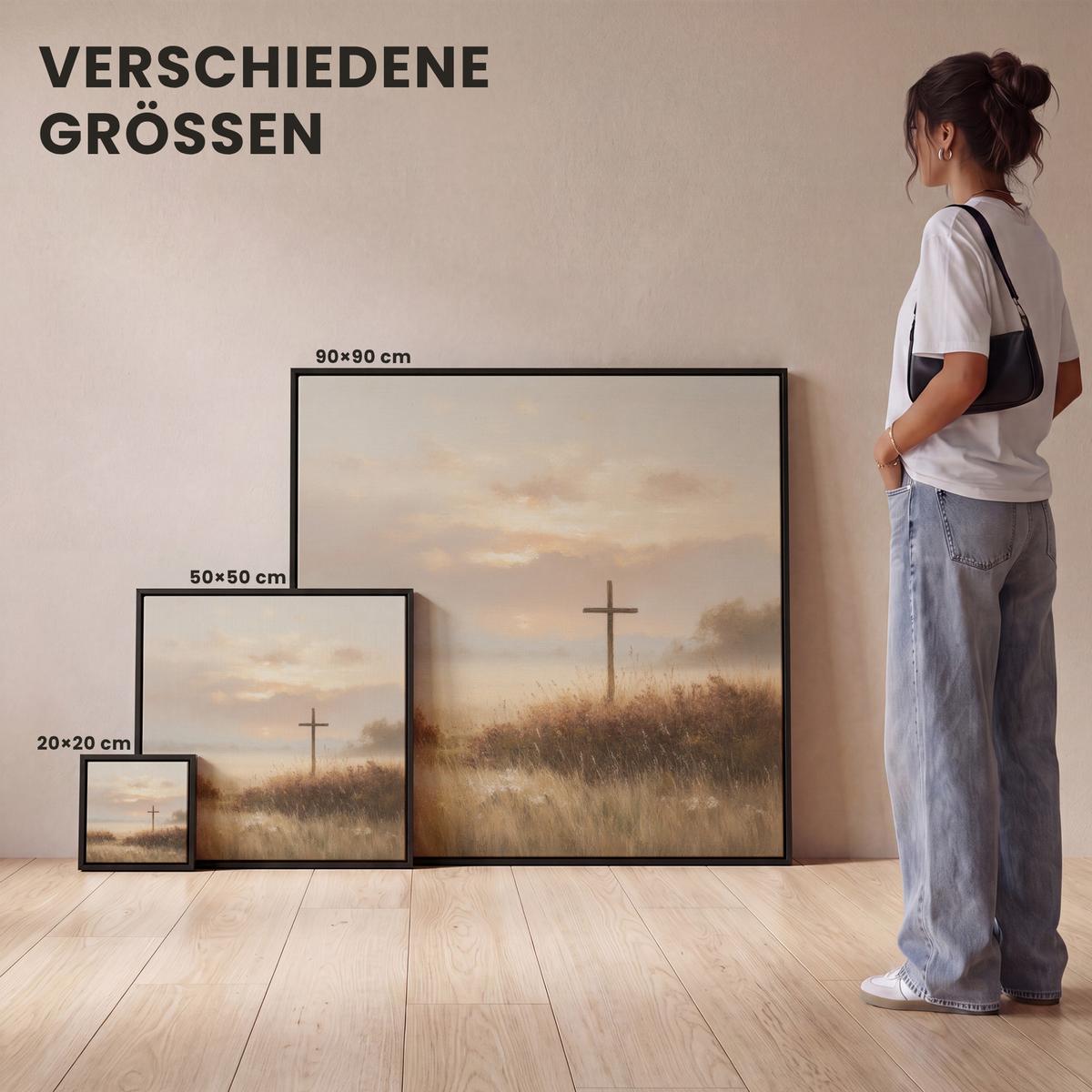LEINWAND Bilder mit Rahmen - Gras - Morgennebel - Kreuz - Christentum - 20x20 - Beige, Textil (20/20cm) - MuchoWow