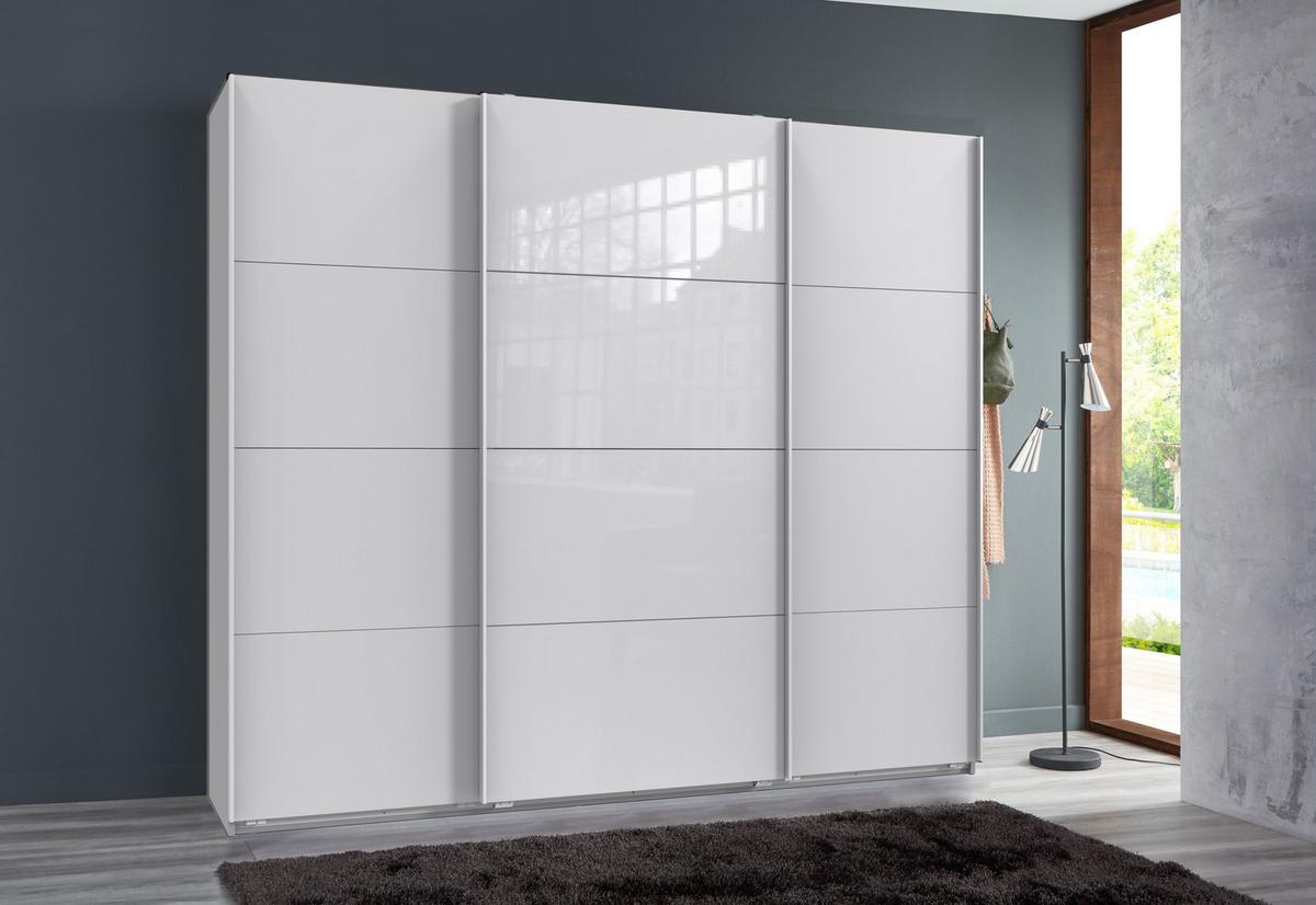 SCHWEBETÜRENSCHRANK 3-türig B225/H208/T64 cm in Weiß, Kleiderschrank mit einer Glasfront-Tür in Weiß / 22521 - Edelstahlfarben/Weiß, Holzwerkstoff/Metall (225/208/64cm) - luma-home