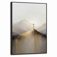 LEINWAND Bilder mit Rahmen - Hügel - Abstrakt - Kreuz - Christentum - 50x70 - Beige, Textil (50/70cm) - MuchoWow