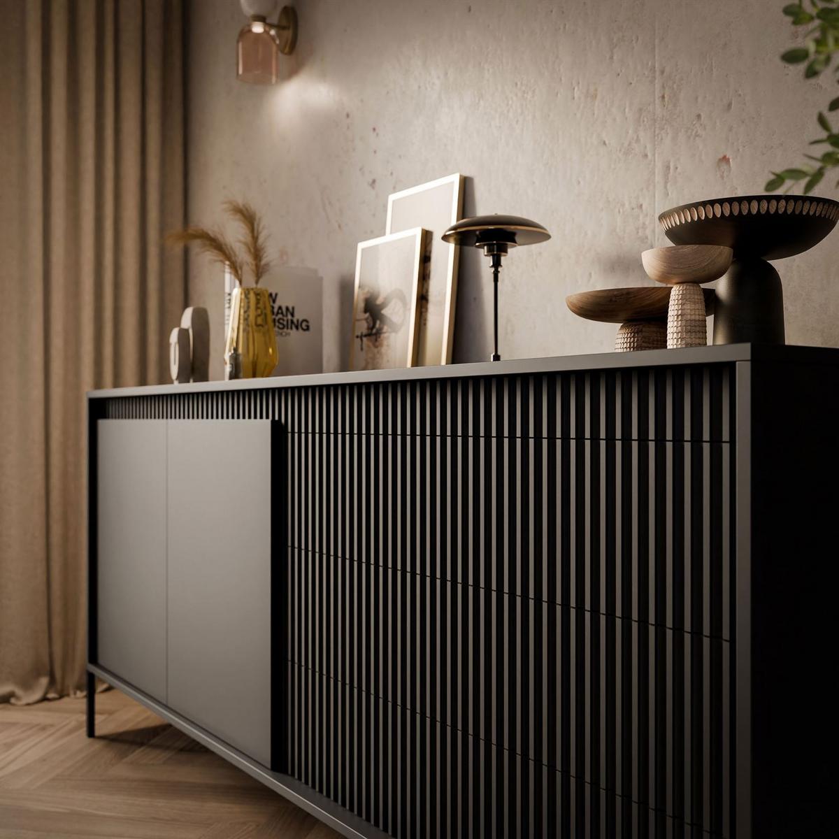 SIDEBOARD YASUMI 187 2D3S mit Schubladen schwarz matt - Schwarz, Holzwerkstoff (187.1/81.4/39.5cm) - Lookway
