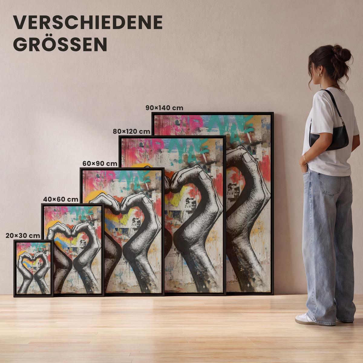 LEINWAND Bilder mit Rahmen - Hände - Herz - Straßenkunst - Graffiti - 60x90 - Multicolor, Textil (60/90cm) - MuchoWow