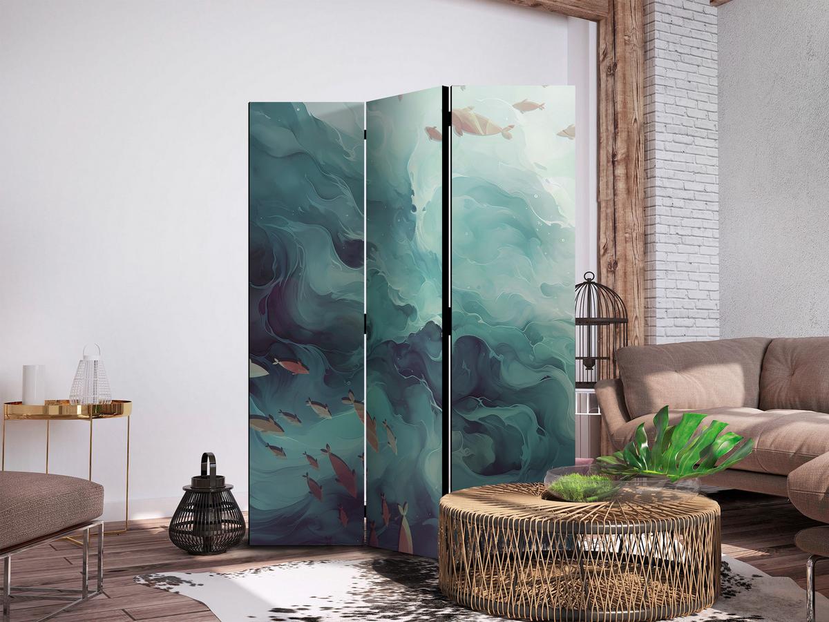 PARAVENT Akustik 3-tlg 135x172 cm Fische Und Meereswellen Boho - Blau, Holz/Textil (135/172/3cm) - Muralo