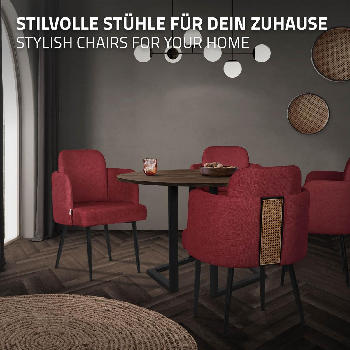 ESSZIMMERSTÜHLE 2er Set Rot mit Stoffbezug Rattan Optik - Rot/Schwarz, Textil/Metall (59/86/59cm) - ML-DESIGN