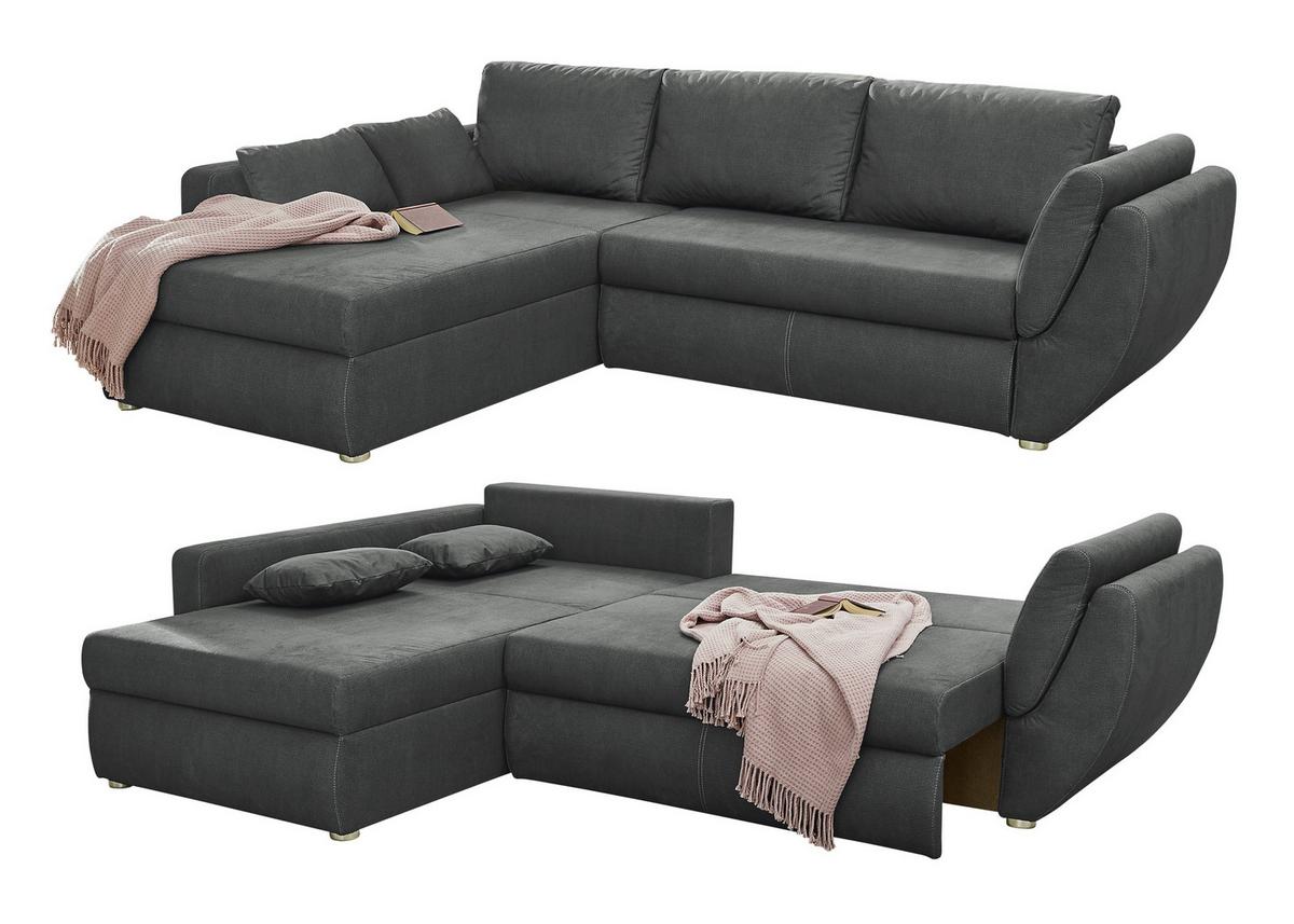 ECKSOFA mit Schlaffunktion und Bettkasten, seitenverkehrt montierbar B272/T200/H88 cm, Liegefläche 128x224 cm, Mikrofaser Dunkelgrau / 15228 - Chromfarben/Dunkelgrau, Kunststoff/Textil (272/200cm) - luma-home