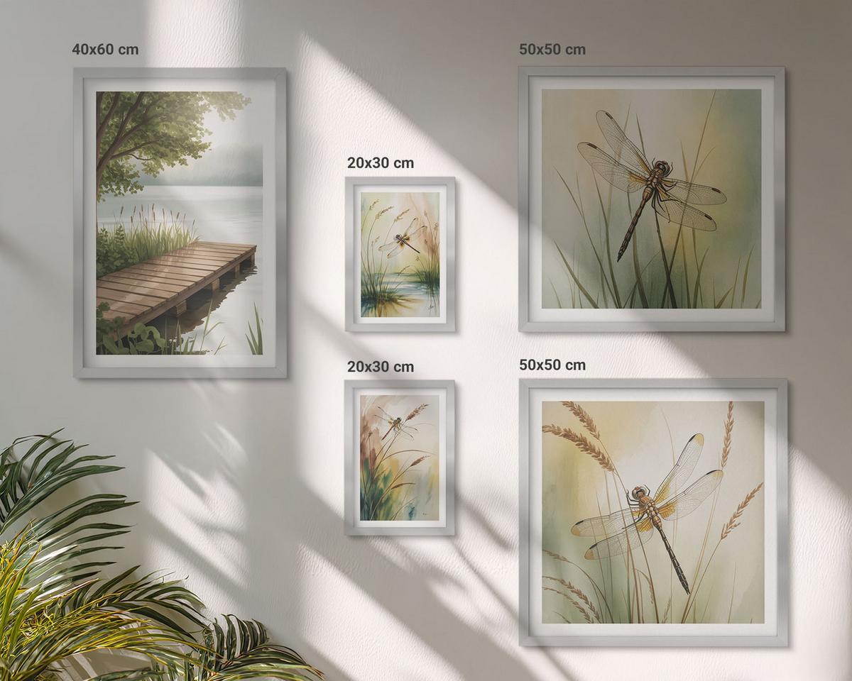 BILDER SET 5er Set - 50x50 cm & 20x30 cm & 40x60 cm Silberner Rahmen - Libellengräser über dem Wasser - Silberfarben, Kunststoff (40/60cm) - TULUP