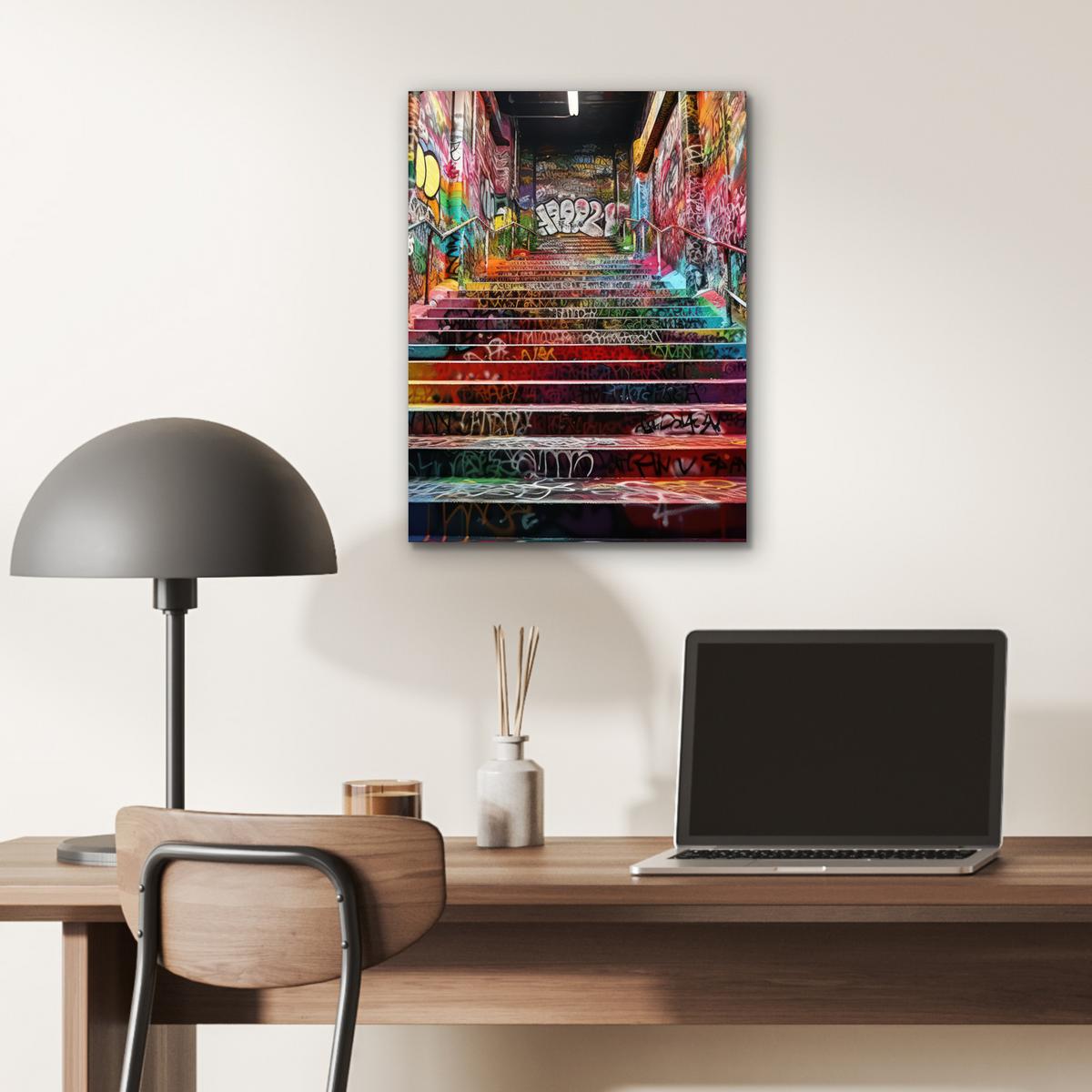 METALLBILD Treppe - Graffiti - Farben - Kunst 30x40 cm - Multicolor, Metall (30/40cm) - MuchoWow
