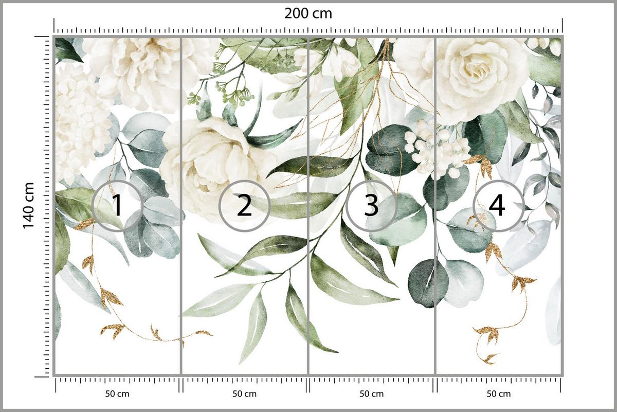 FOTOTAPETE für Schlafzimmer Aquarell Weiße Blumen Pfingstrosen Blätter Natur 200x140 - Creme/Weiß, Papier (200/140cm) - Muralo