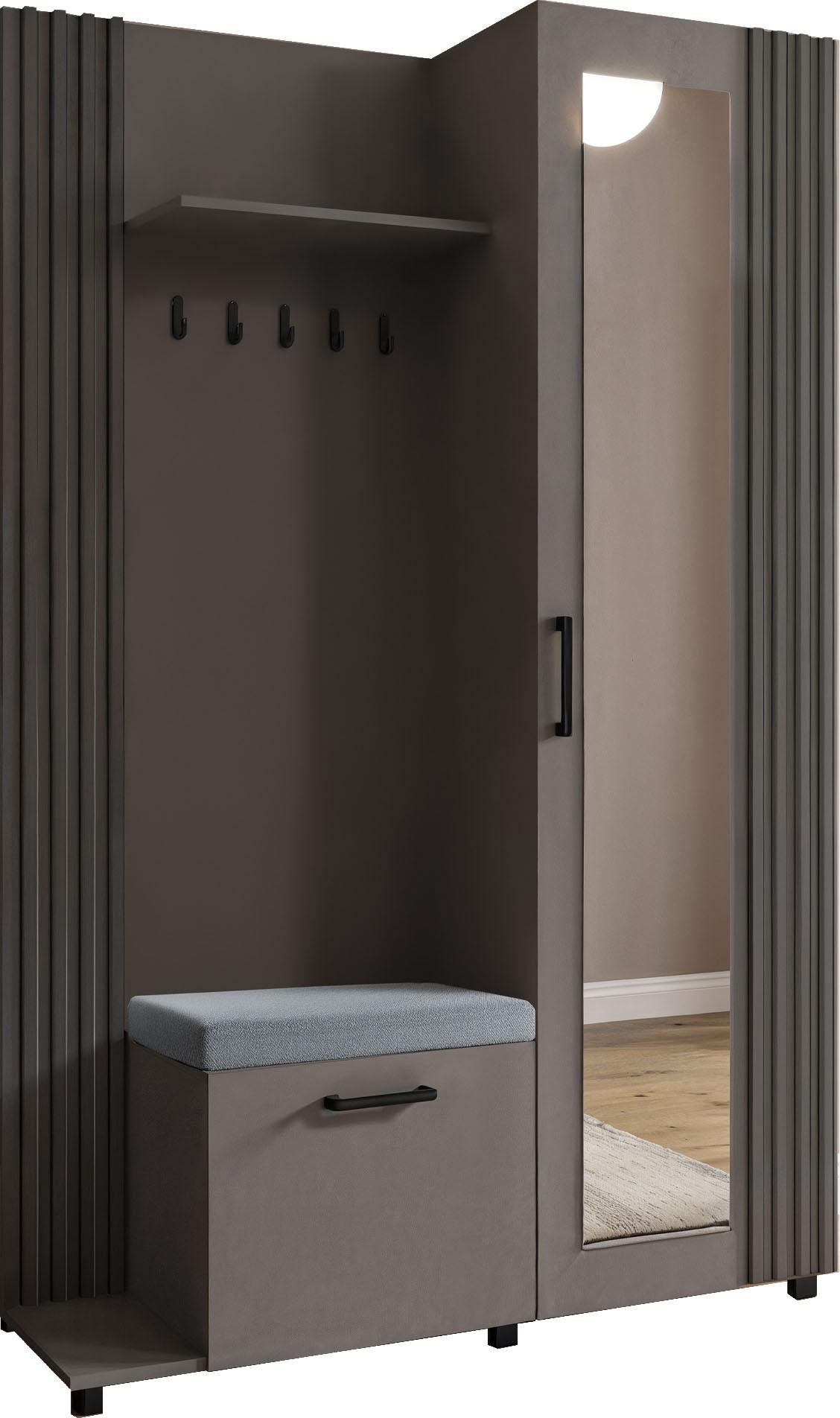 GARDEROBE Linaro mit Spiegel, Sitzbank in Lamellen-Optik 137/207/42 cm, Links - Dunkelgrau/Schwarz, Holzwerkstoff (137/207/42cm) - WFL GROUP