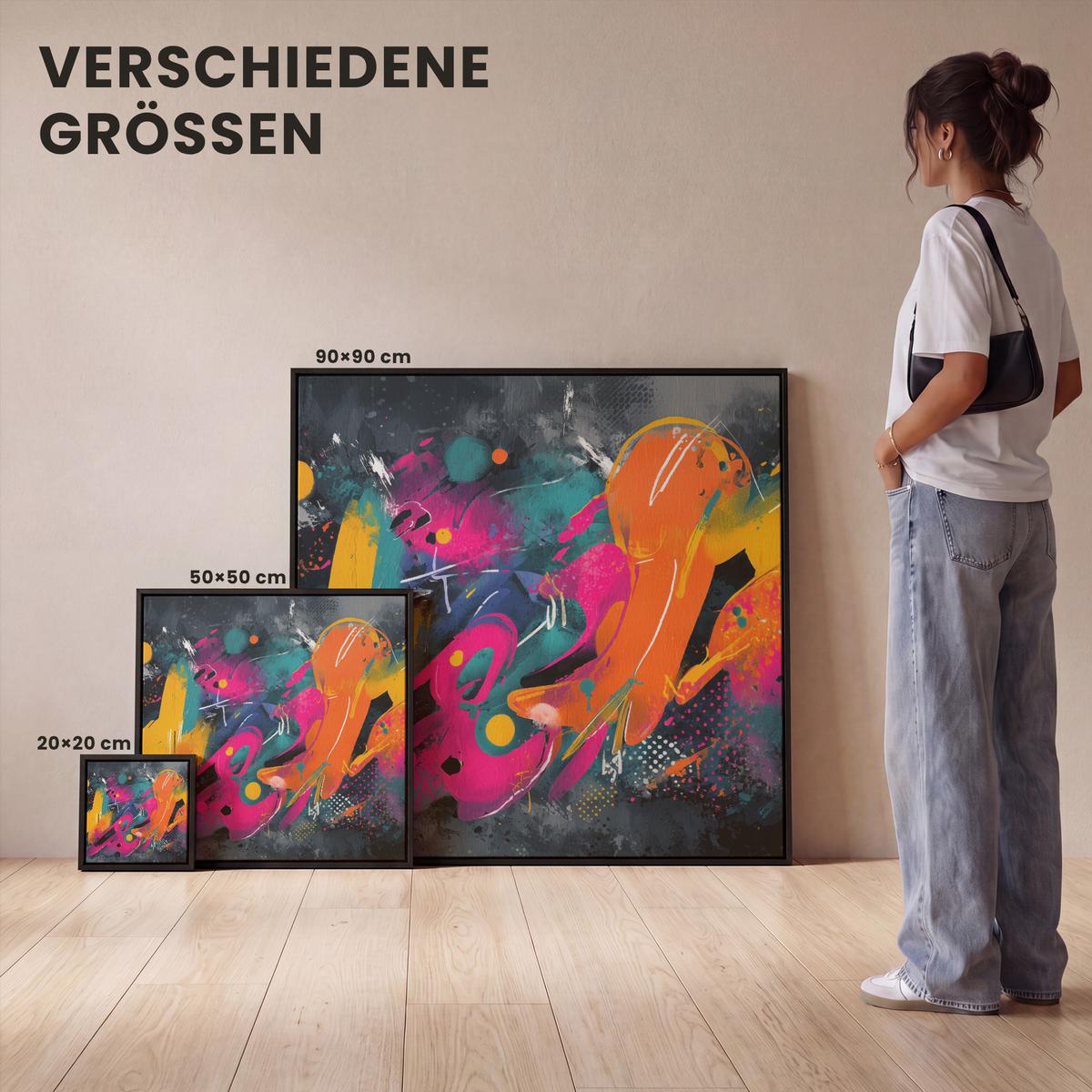 LEINWAND Bilder mit Rahmen - Abstrakt - Graffiti - Farbenfroh - Farbspritzer - 90x90 - Multicolor, Textil (90/90cm) - MuchoWow