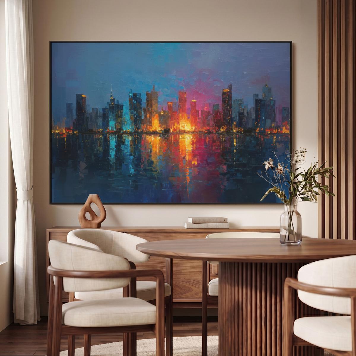 LEINWAND Bilder mit Rahmen - Skyline - Pinselstriche - Dunkelblau - Leuchtend - 140x90 - Blau, Textil (140/90cm) - MuchoWow
