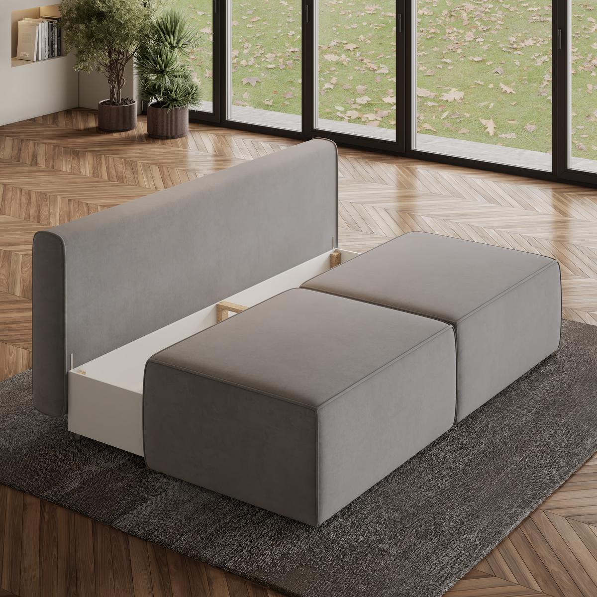 ECKSOFA VARNA M Hellgrau Velours-Stoff mit Schlaffunktion - Hellgrau/Grau, Holz/Kunststoff (196/158cm) - MASSENO
