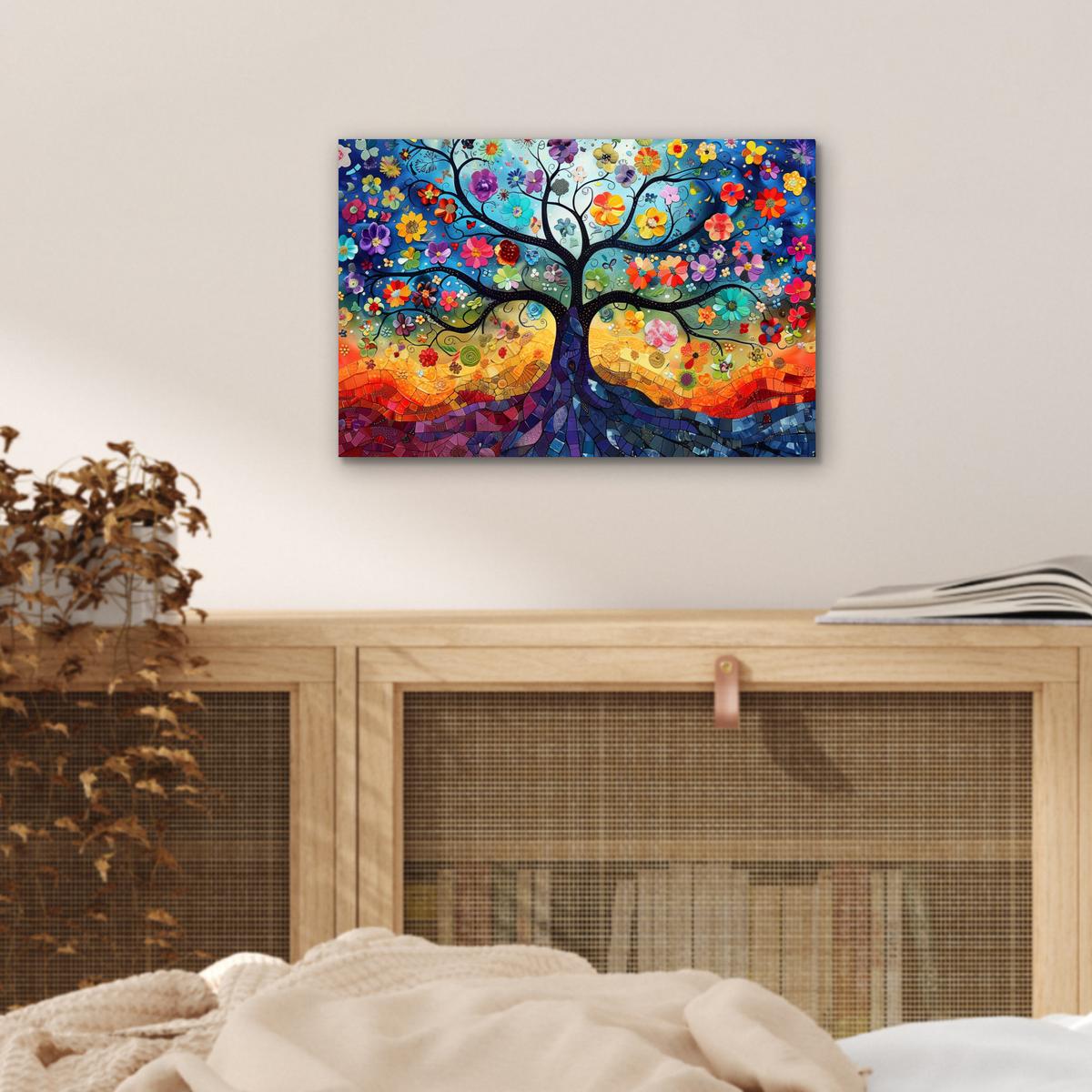 METALLBILD Kunst - Baum des Lebens - Blumen - Hippie 30x20 cm - Dunkelblau, Metall (30/20cm) - MuchoWow