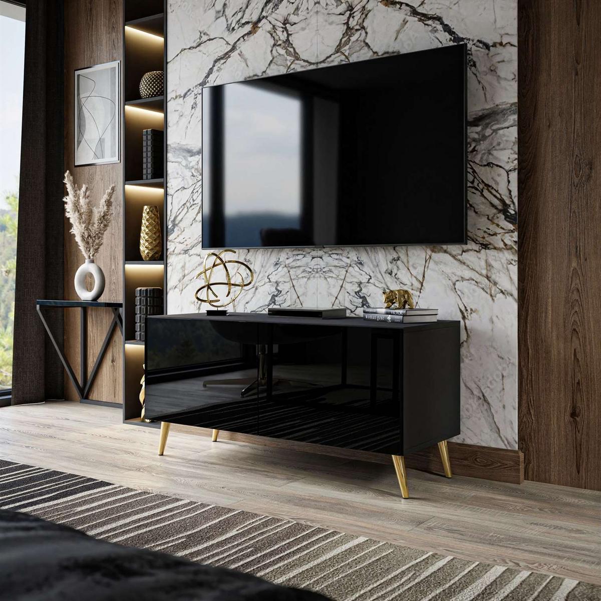 TV-ELEMENT AURA 100 Schwarz Hochglanz – Beinfarbe: Gold - Goldfarben/Schwarz, Holzwerkstoff (100/49/40cm) - Lookway