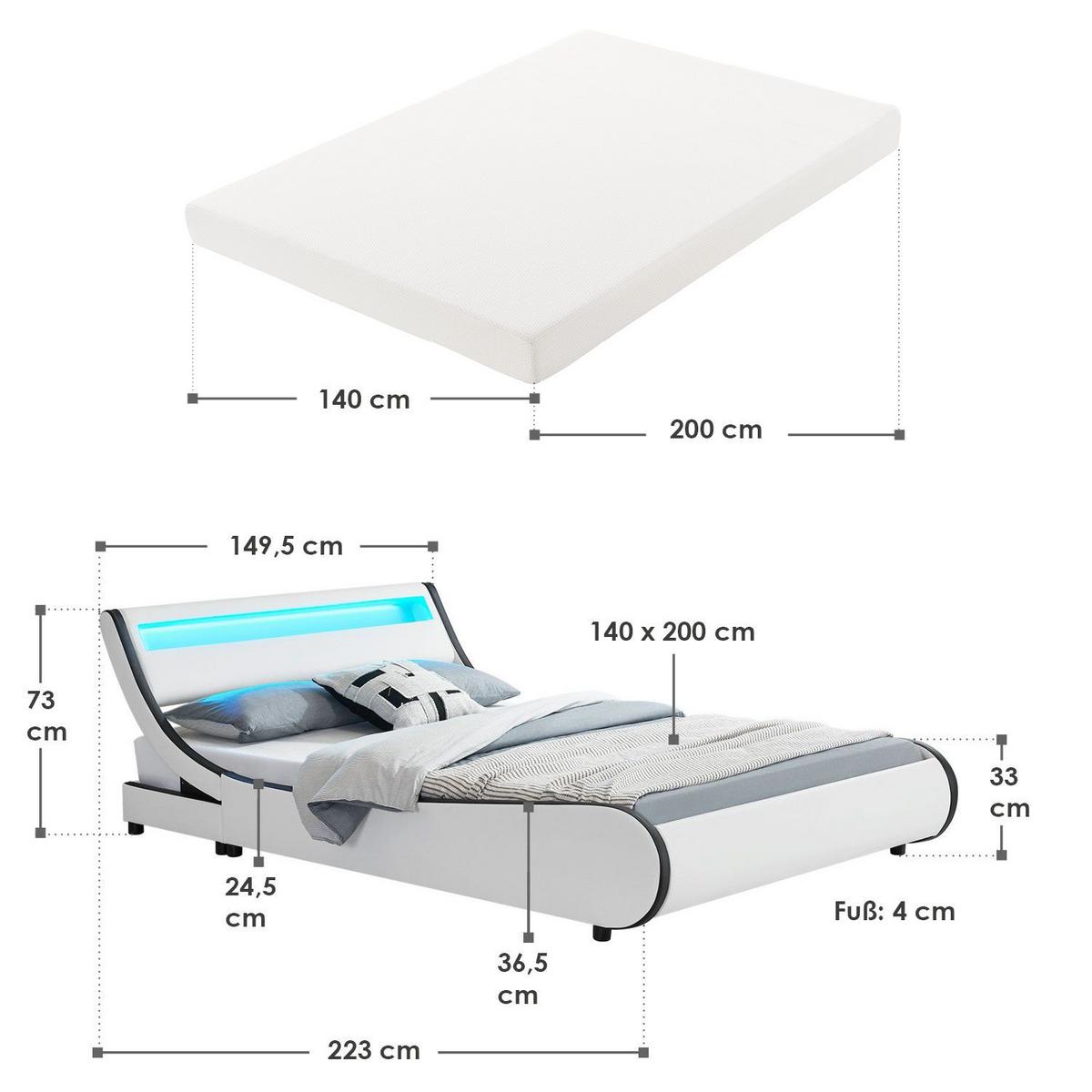 POLSTERBETT Valencia weiß 140x200cm mit Matratze und LED (16 Farben) - Weiß, Textil (140/200cm) - Juskys