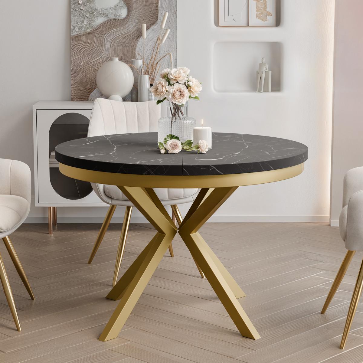 AUSZIEHTISCH MILTON 90-166/76 cm mit Metallgestell und Zarge, Gold / Grigia Pietra - Goldfarben/Grau, Holzwerkstoff/Metall (90/90/76cm) - Idohome