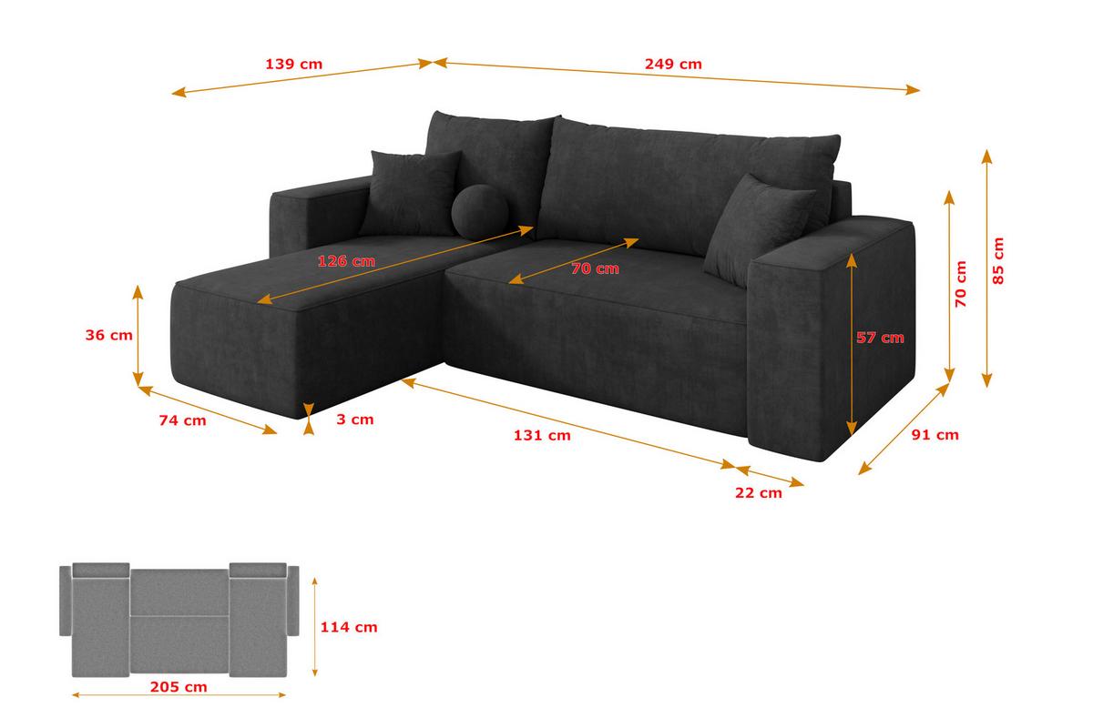 ECKSOFA mit Schlaffunktion Ottomane Links SENO-L 249x139x85 Dunkelgrau Velours - Anthrazit/Schwarz, Holzwerkstoff/Kunststoff (249/139cm) - ALTDECOR
