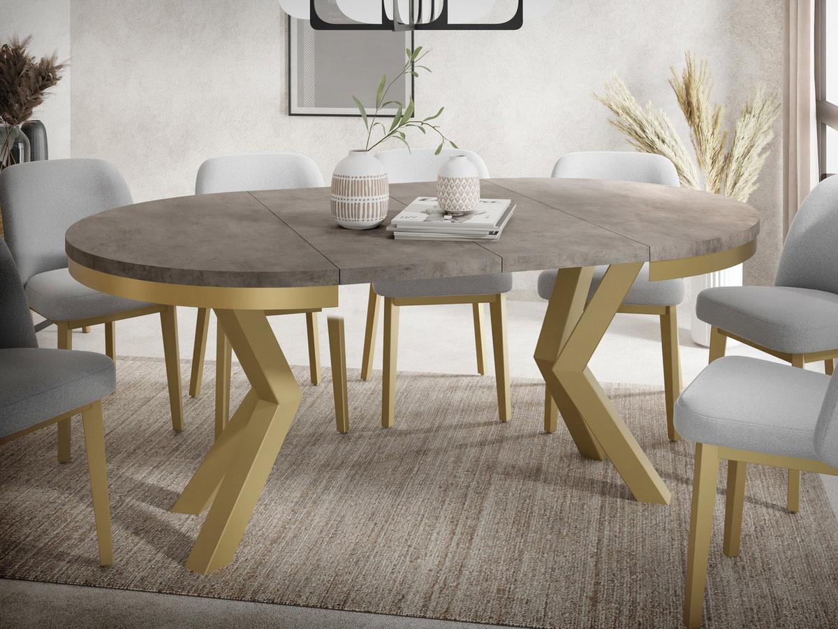 ESSTISCH Clara Gold runder ausziehbarer, Dunkelgrauer Chicago Beton 100-180/100/76 cm - Dunkelgrau/Goldfarben, Holzwerkstoff/Metall (100/176/76cm) - WFL GROUP