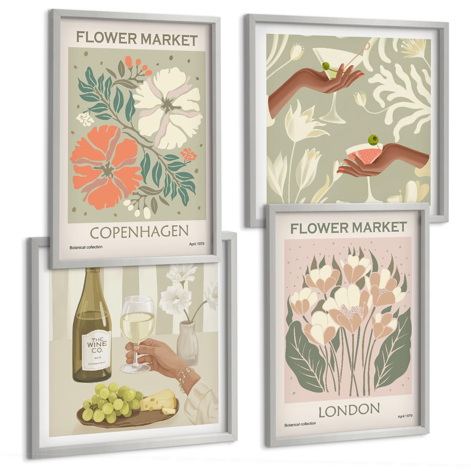 BILDER SET 4er Set - 50x50 cm & 40x60 cm Silberner Rahmen - Blumenposter Weinstadt - Silberfarben, Kunststoff (50/50cm) - TULUP