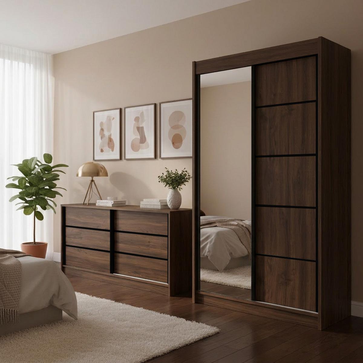 KOMMODE Mirela mit 2 Schiebetüren 100 cm, Walnuss+Schwarz - Walnussfarben/Schwarz, Holzwerkstoff (101/85/43.5cm) - Beautysofa