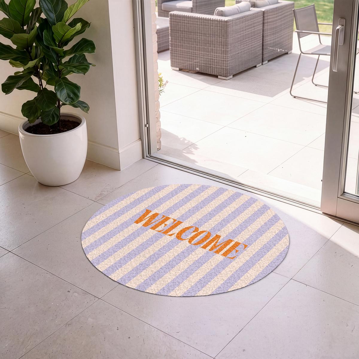 FUSSMATTE Lila – Orange – Streifen – Willkommen 90x90 cm - Flieder, Kunststoff (90/0.4cm) - MuchoWow