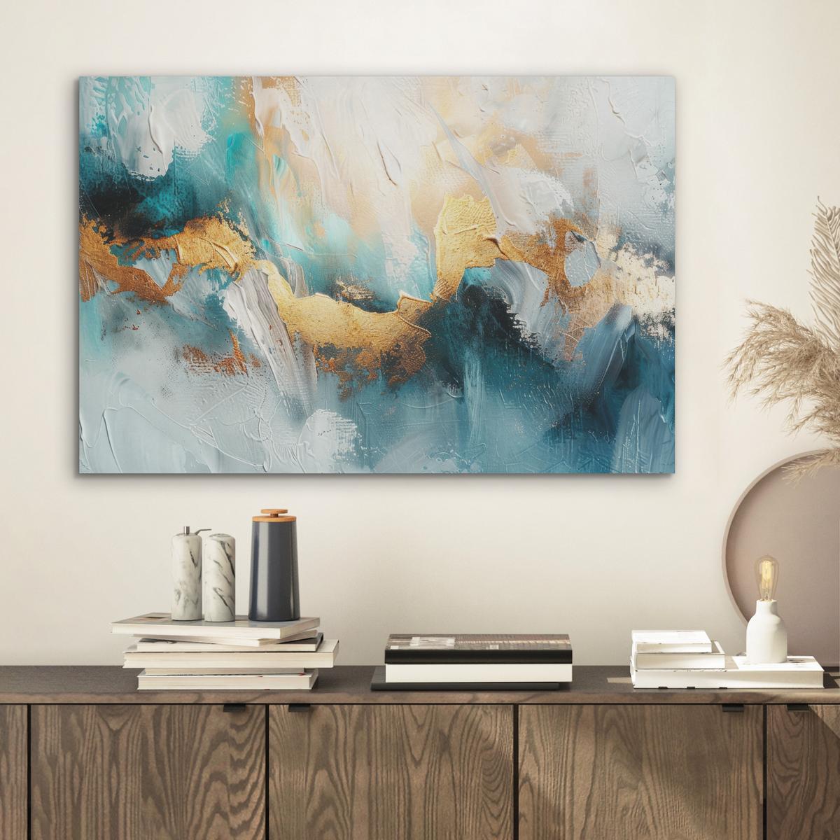 AKUSTIKBILD Abstrakt - Kunst - Gold - Blau Wanddeko 70x50 cm - Petrol, Kunststoff (70/50/0.9cm) - MuchoWow