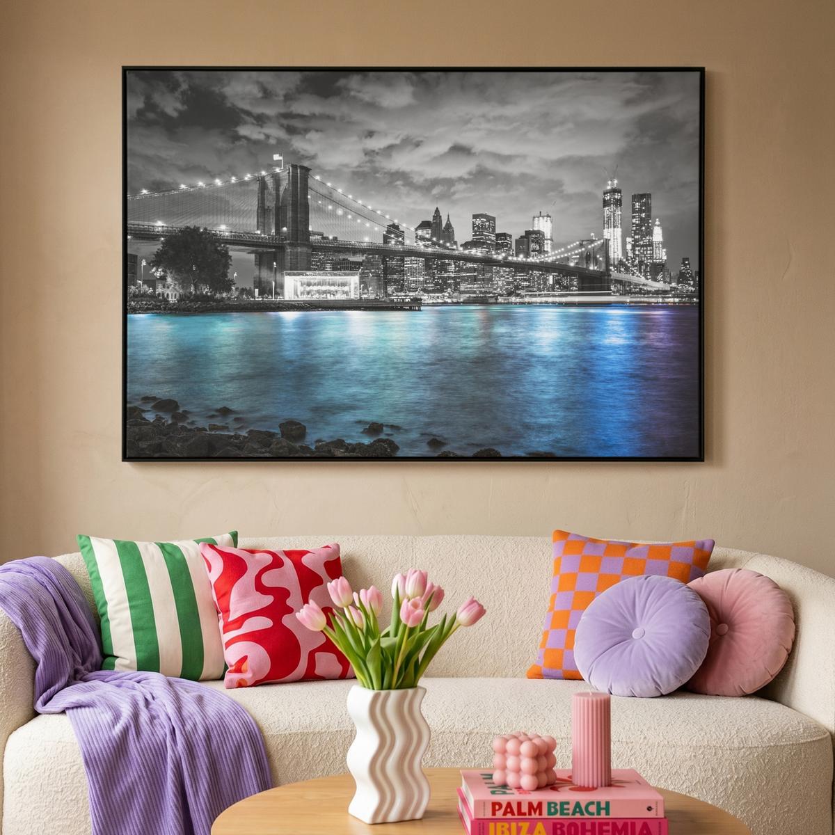 LEINWAND Bilder mit Rahmen - New York - Skyline - Stadt - Blau - 140x90 - Blaugrau, Textil (140/90cm) - MuchoWow