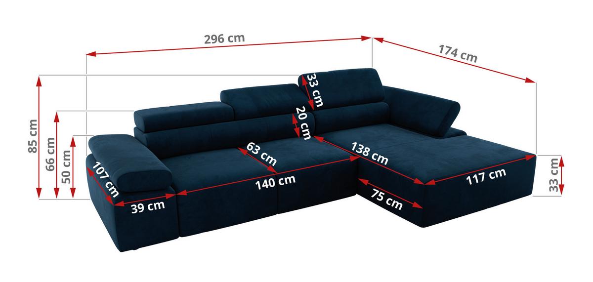 ECKSOFA RILASSO L Dunkelblau Velvet - links - Schwarz/Dunkelblau, Kunststoff/Textil (296/174cm) - MKS