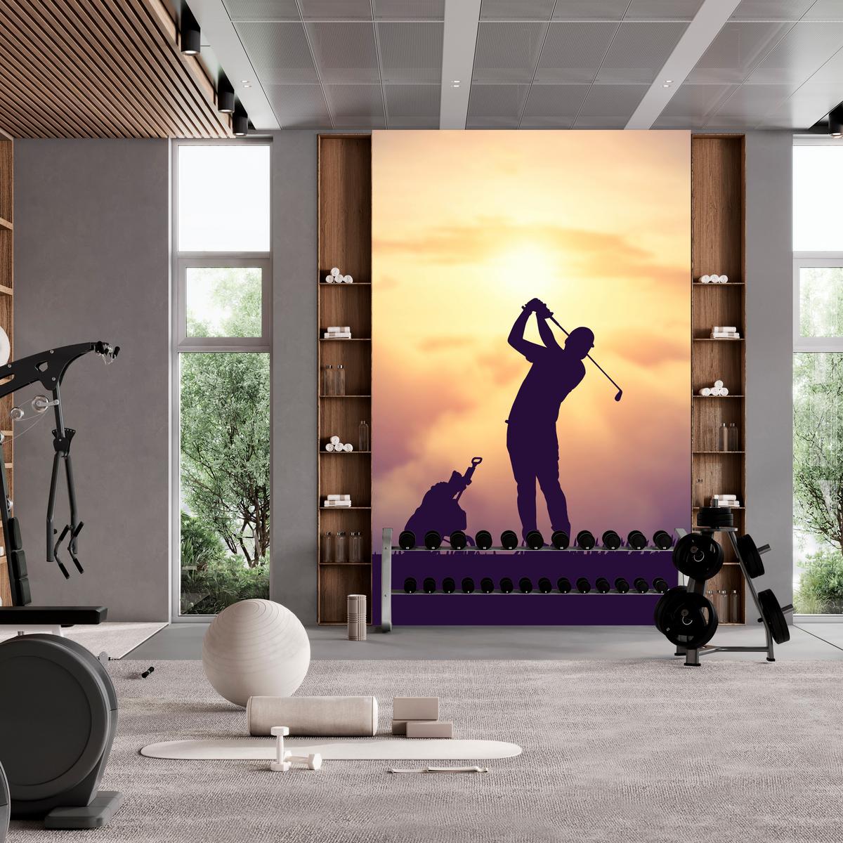 FOTOTAPETE für Jugendzimmer Golfer Sonnenuntergang Silhouette Sport 300x210 - Gelb/Violett, Papier (300/210cm) - Muralo