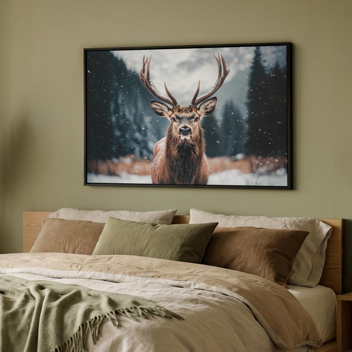 LEINWAND Bilder mit Rahmen - Hirsche - Tiere - Landschaft - Winter - Schnee - 90x60 - Kastanienfarben, Textil (90/60cm) - MuchoWow