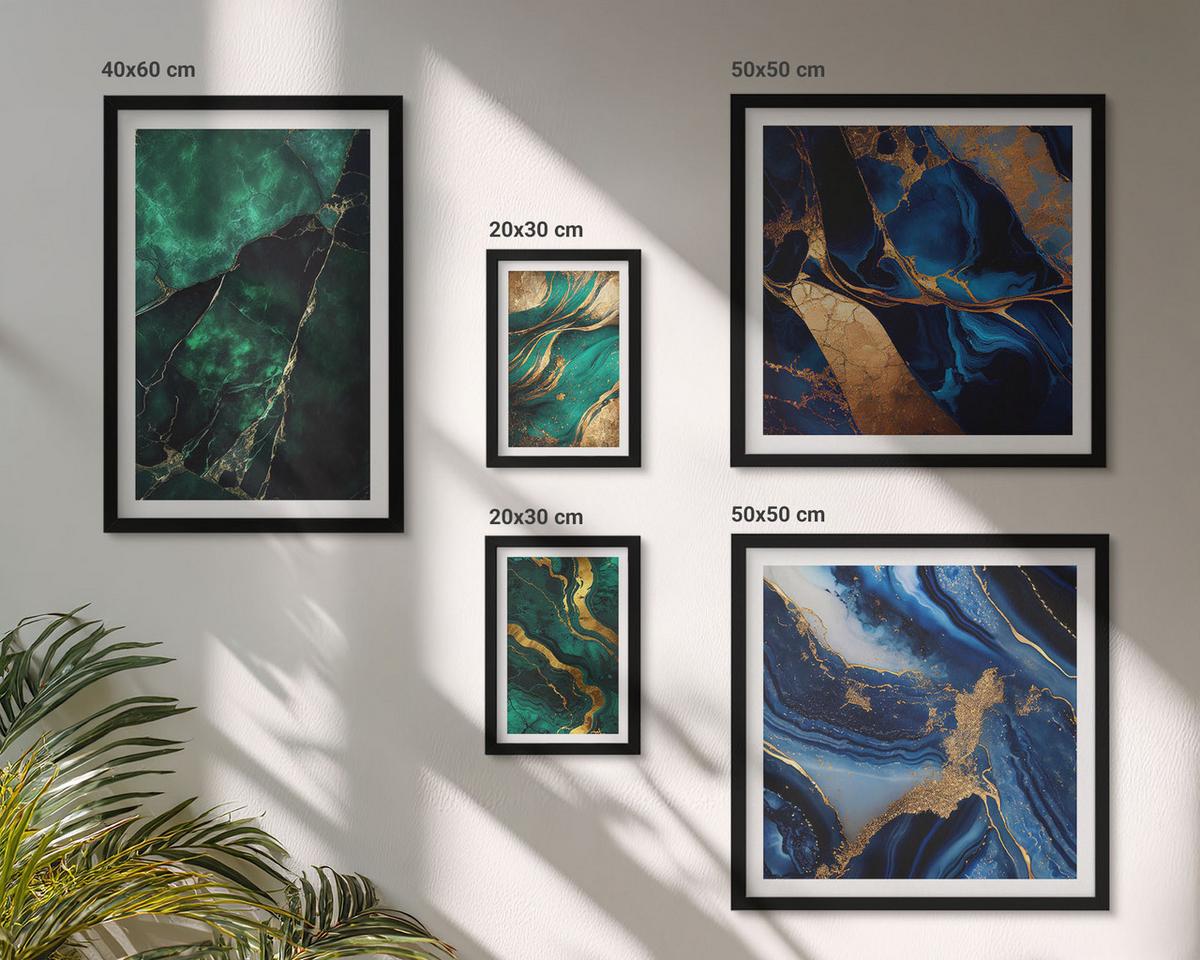 BILDER SET 5er Set - 50x50 cm & 20x30 cm & 40x60 cm Schwarzer Rahmen - Blumen, heller Hintergrund, Marmormuster - Schwarz, Kunststoff (40/60cm) - TULUP