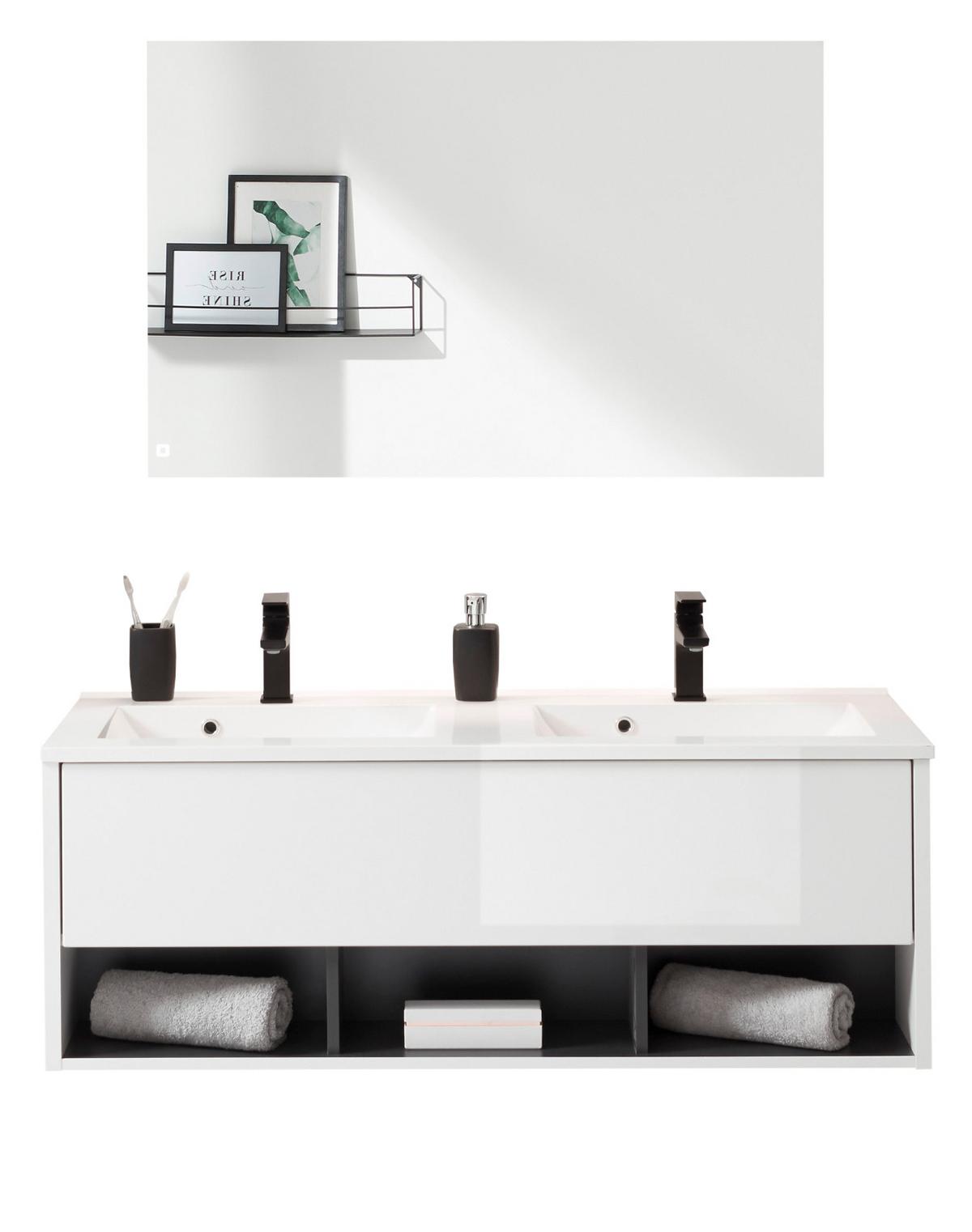 BADMÖBEL-SET 2-teilig 120 cm weiß Hochglanz, grau mit Doppel-Waschbecken - Weiß Hochglanz/Grau, Glas/Holzwerkstoff (120/190/47cm) - Furn.Design