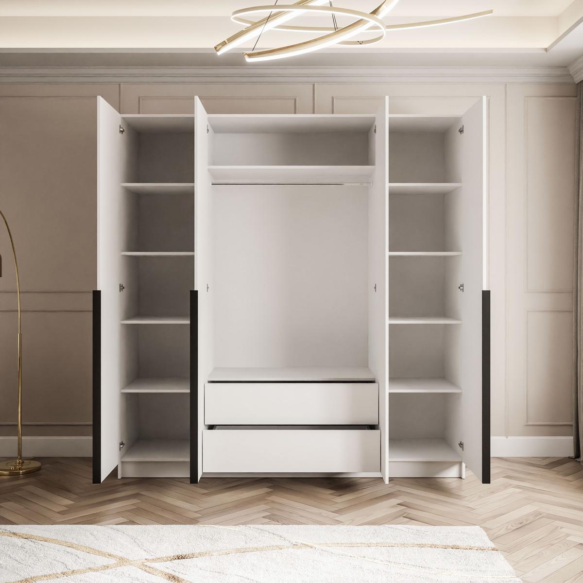 KLEIDERSCHRANK AUREL 4D mit schwarzen Griffen - Weiß Hochglanz/Schwarz, Holzwerkstoff (200/200/57cm) - Lookway