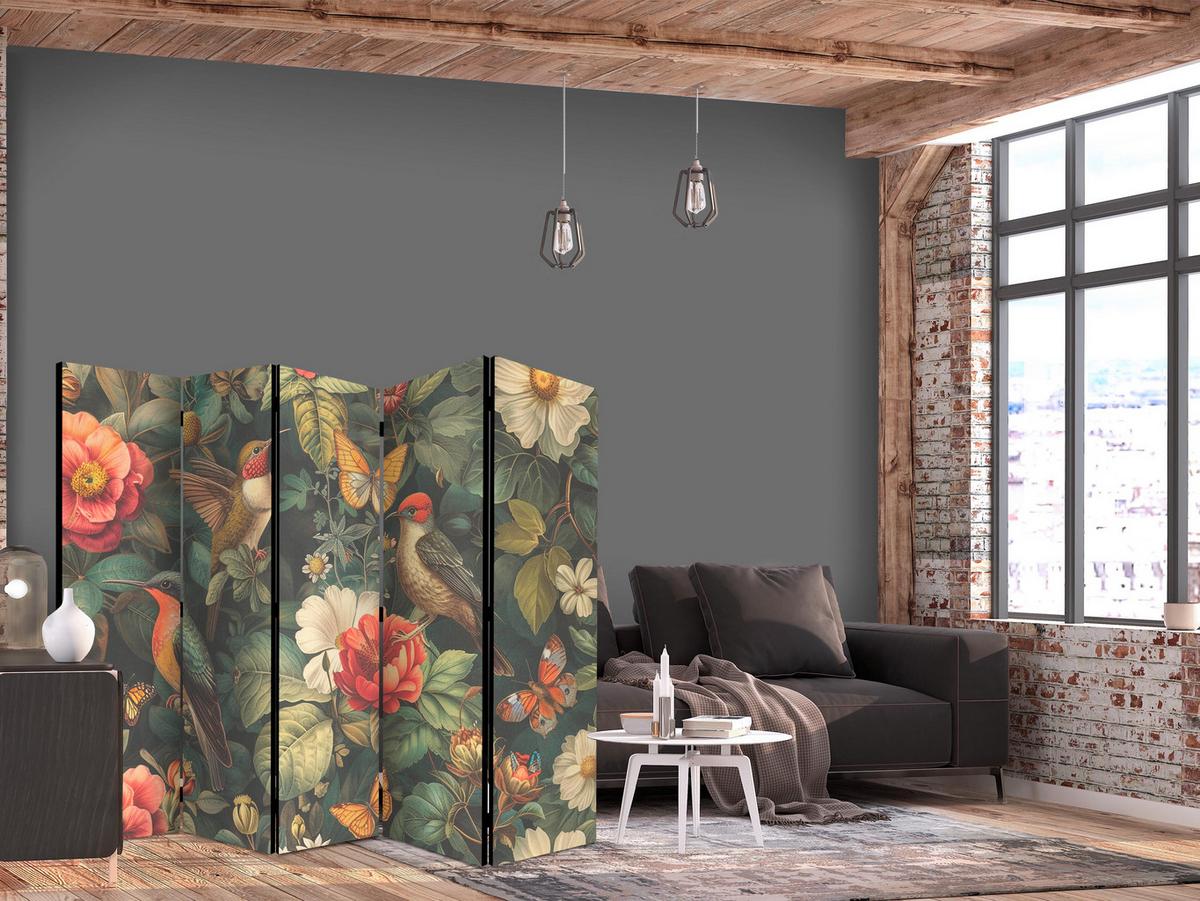PARAVENT 5-tlg 225x172 cm Vögel und Blumen Boho - Multicolor, Holz/Textil (225/172/3cm) - Muralo