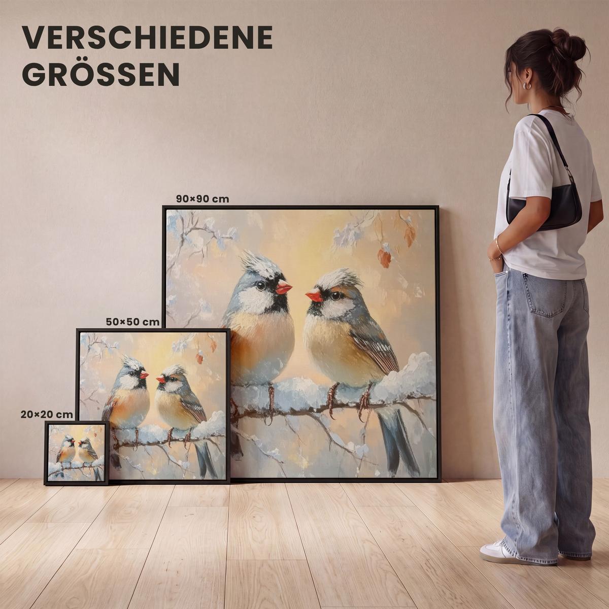 LEINWAND Bilder mit Rahmen - Vögel - Zweig - Winter - Schnee - 50x50 - Pastellblau, Textil (50/50cm) - MuchoWow