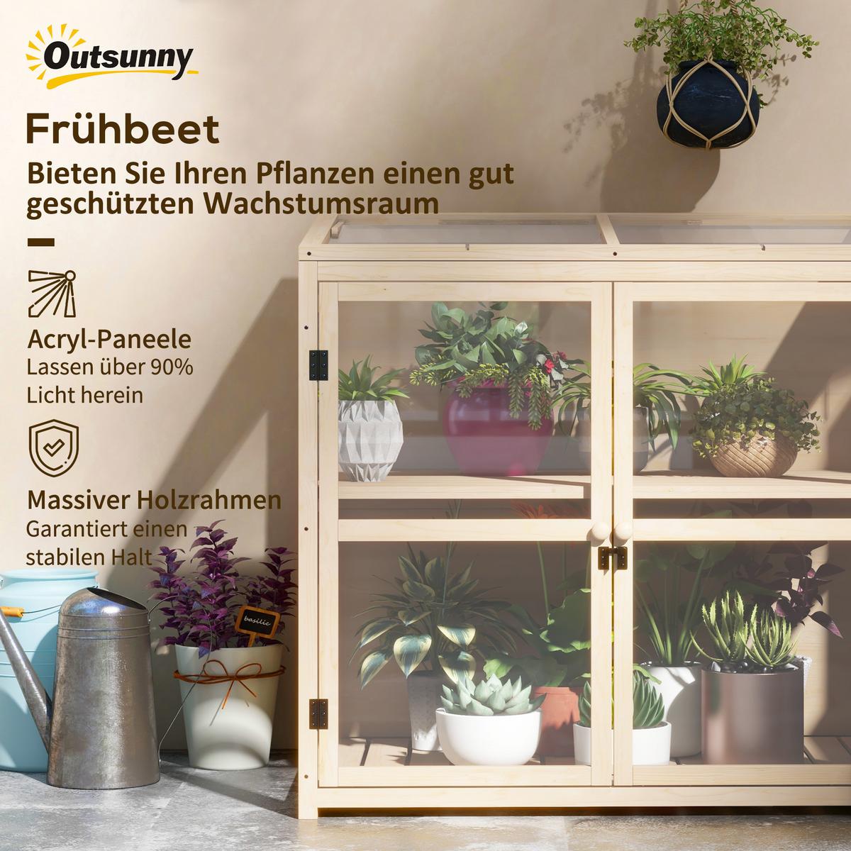 GEWÄCHSHAUS 2-Stufiges Hochbeet mit Dachfenster, Doppeltür, Acryl, Tannenholz, Natur - Fichtefarben, Holz (61/103/103cm) - Outsunny