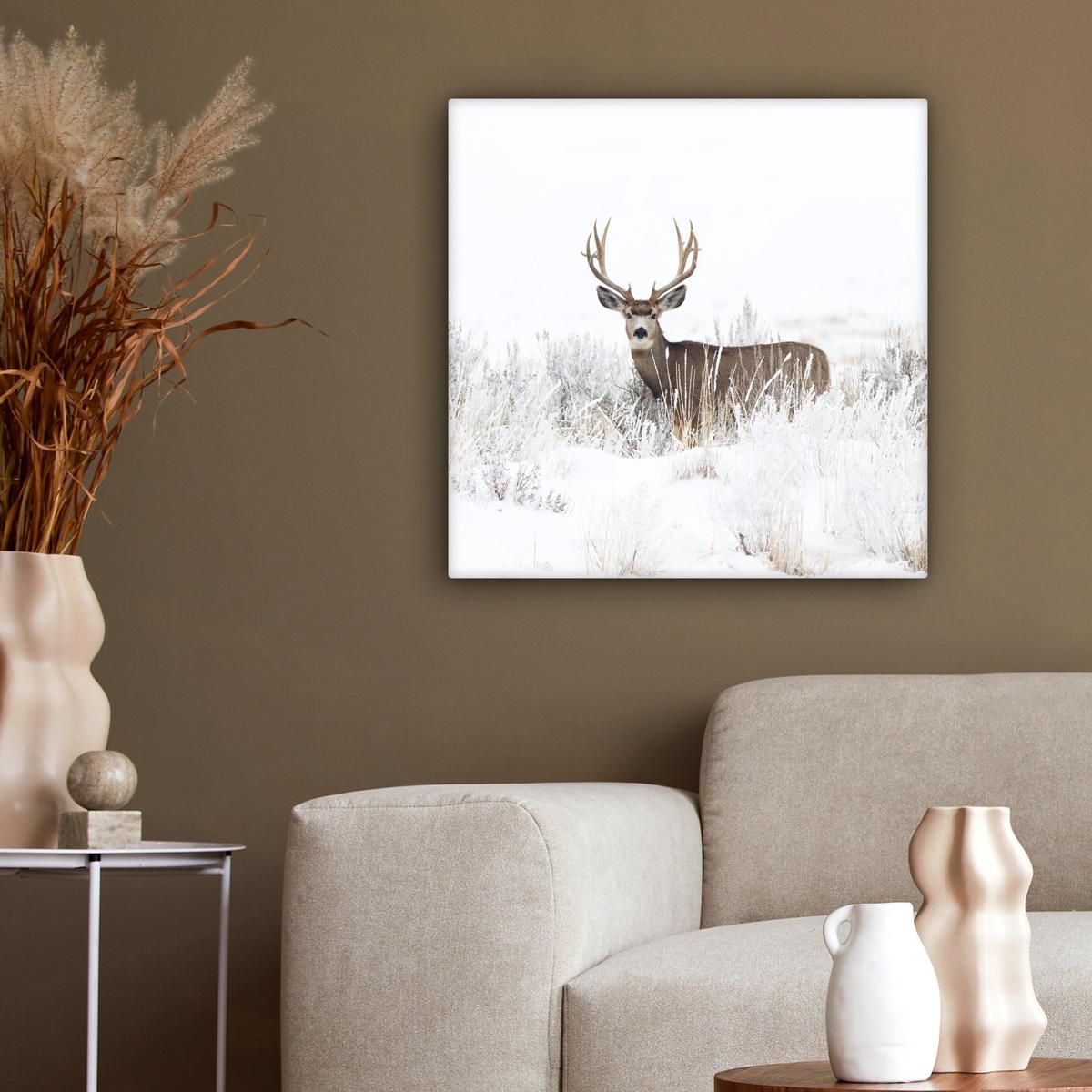 LEINWANDBILD Hirsche - Winter - Schnee - Tiere - Jahreszeiten - Weiß Wandbild Wohnzimmer 50x50 cm - Hellbraun, Textil (50/50cm) - MuchoWow