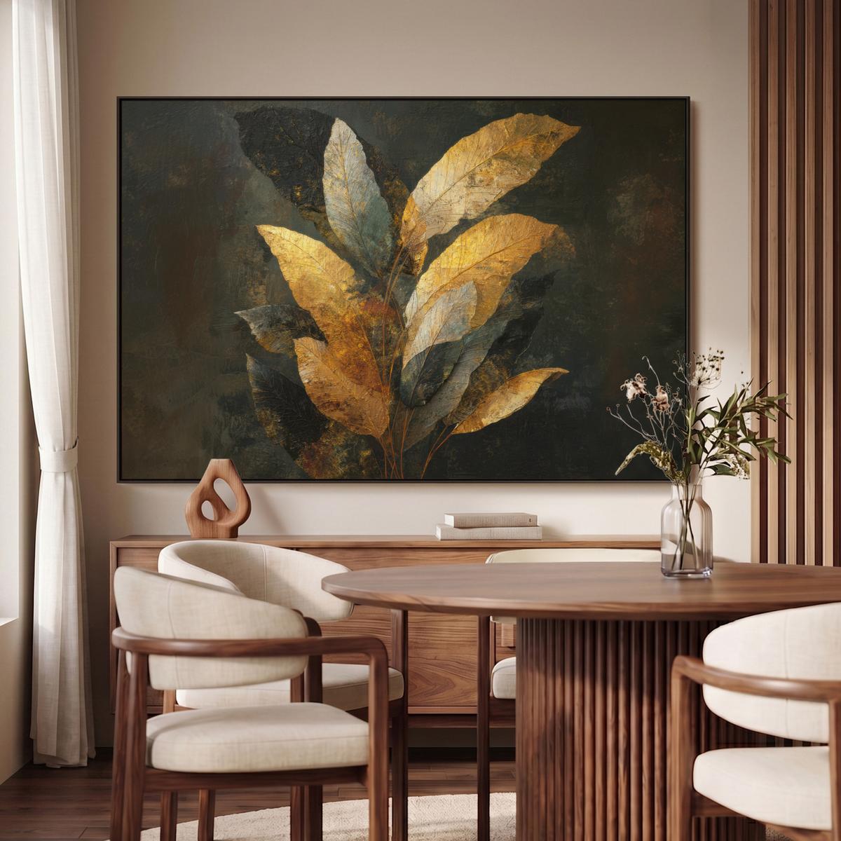 LEINWAND Bilder mit Rahmen - Golden Leaf Komposition - Botanical Luxury - 140x90 - Goldfarben, Textil (140/90cm) - MuchoWow
