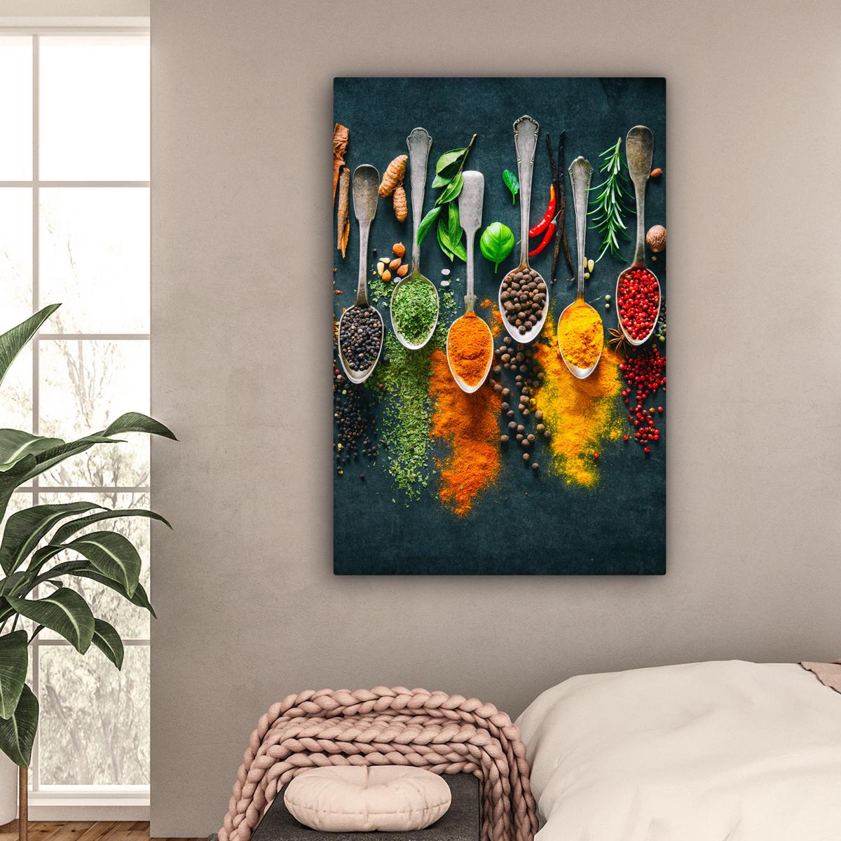 LEINWANDBILD Kräuter - Gewürze - Löffel Deko XXL 80x120 cm - Currygelb, Textil (80/120cm) - MuchoWow