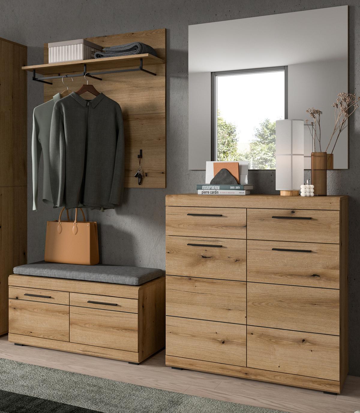 GARDEROBE Set 4-teilig Evoke Eiche 195 cm, Flurmöbel mit viel Stauraum - Eichefarben/Schwarz, Glas/Holzwerkstoff (195/197/40cm) - Inn.Furn