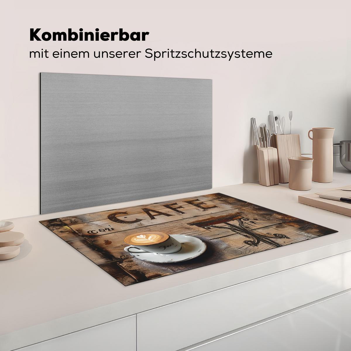 HERDABDECKPLATTE Cafe - Holz - Kaffee - Regale Induktionsmatte 81x52 cm - Schwarz, Kunststoff (81/52/0.2cm) - MuchoWow