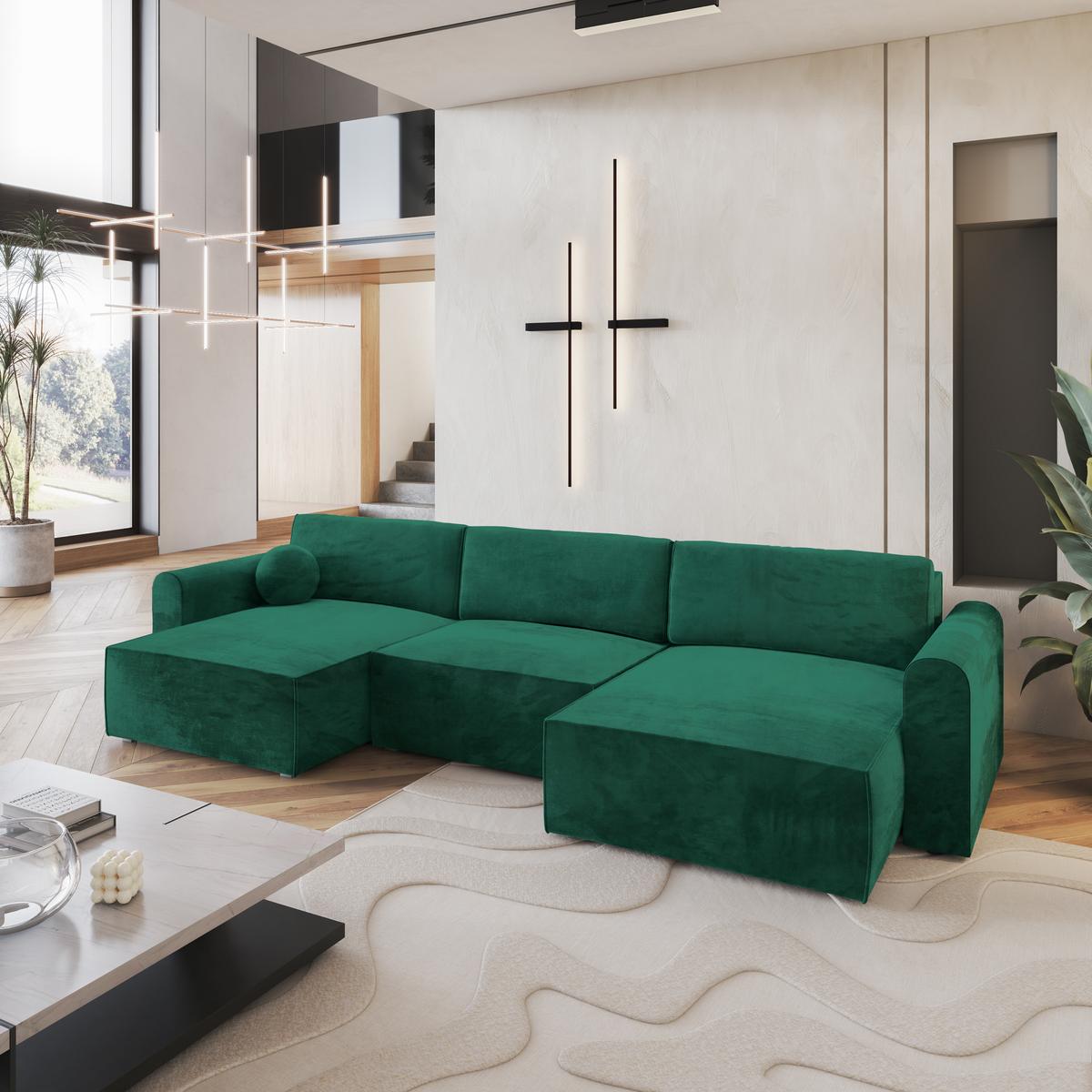 WOHNLANDSCHAFT FENTO M Grün Velours-Stoff mit Schlaffunktion - Grau/Grün, Holz/Kunststoff (347/90/148cm) - MASSENO