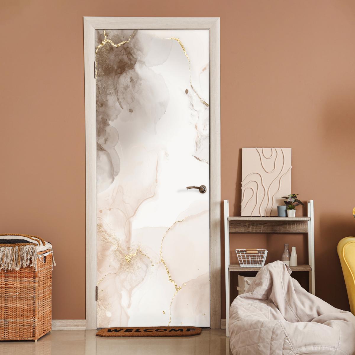 TÜRAUFKLEBER Marmor - Braun - Linie 90x235 cm - Türtapete - Champagner, Kunststoff (90/0.1cm) - MuchoWow