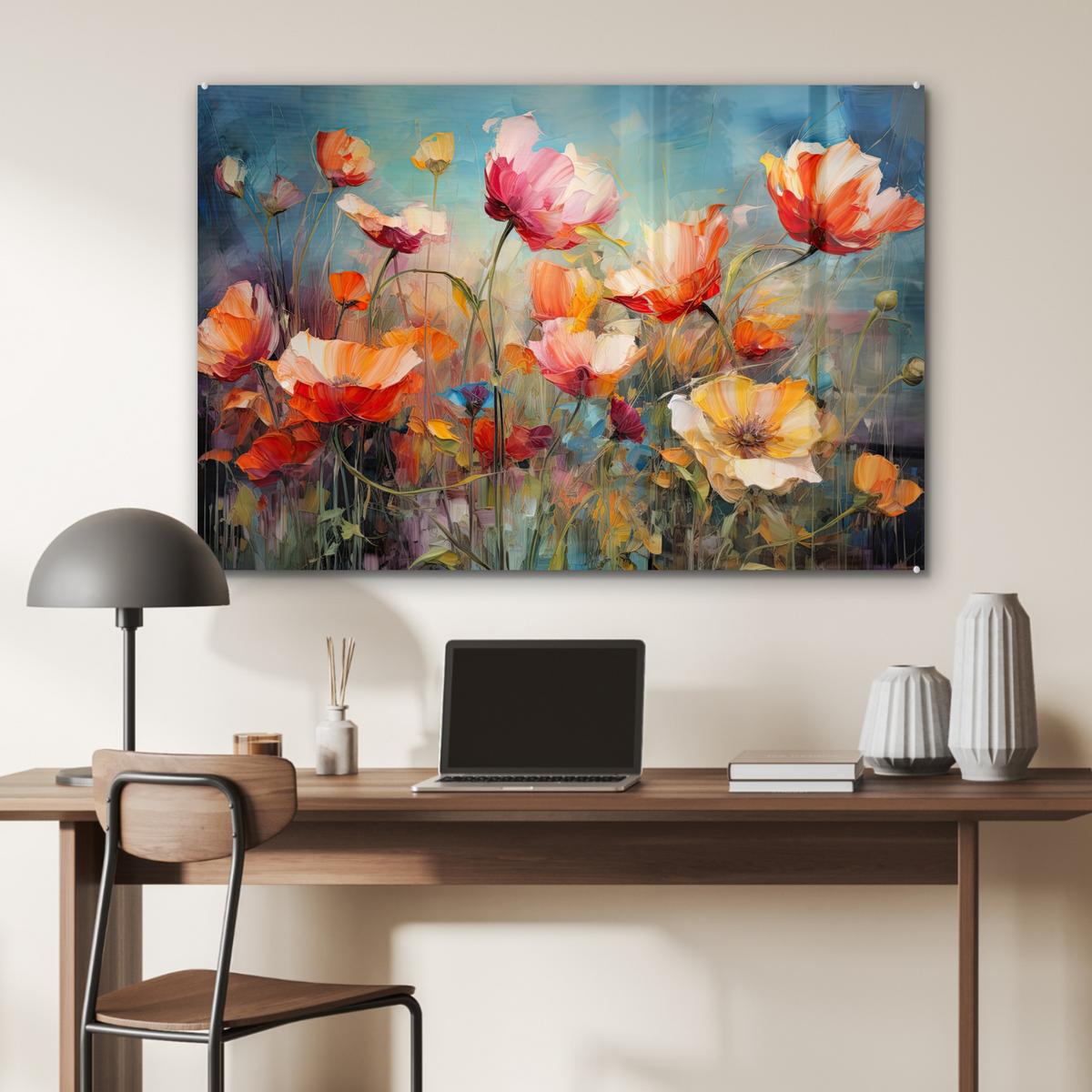 ACRYLGLASBILD Blumen - Aquarell - Kunst - Botanisch - Natur Wandbild Schlafzimmer 120x80 cm - Orange, Glas (120/80cm) - MuchoWow