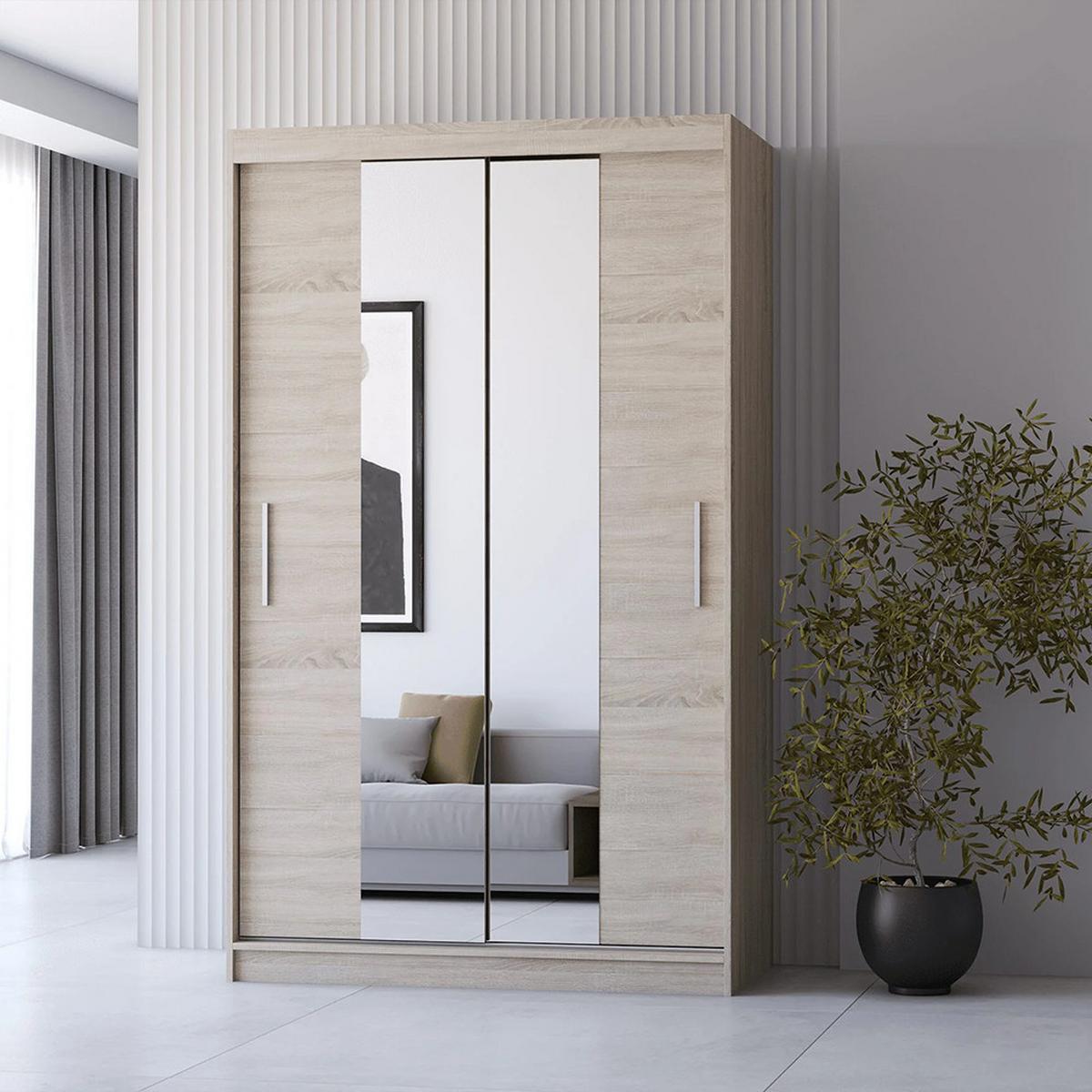 SCHWEBETÜRENSCHRANK Neomi 01 Sonoma Eiche/Sonoma Eiche + Spiegel 120 cm - Alufarben/Sonoma Eiche, Glas/Holzwerkstoff (120/200/61cm) - imoebel24