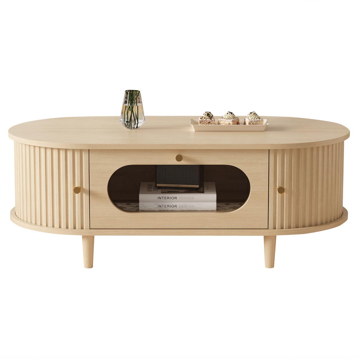 COUCHTISCH in Eiche-Optik – Ovales Design mit Glasschublade & Rolltüren - Eichefarben, Holzwerkstoff (50/100/36cm) - Urban Meuble