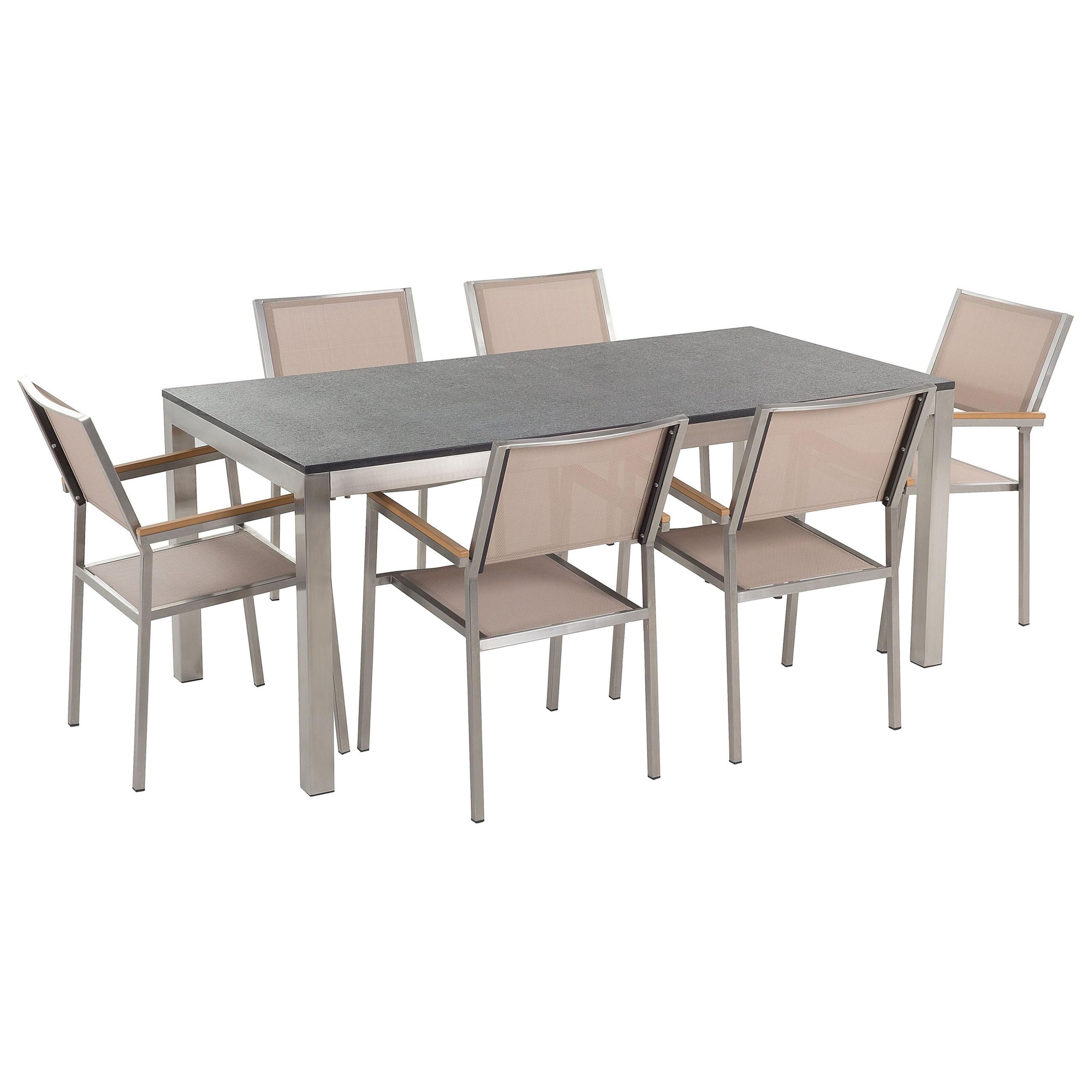 GARTENMÖBEL SET 6-Sitzer Naturstein schwarz geflammt Textilbespannung beige Grosseto - Beige/Silberfarben, Metall - Beliani
