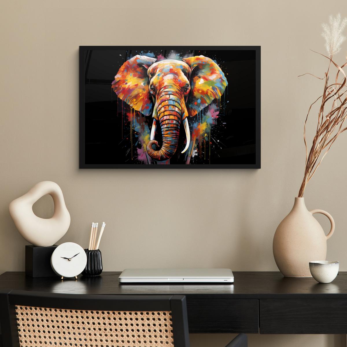 POSTER MIT RAHMENGERAHMTES BILD Elefant - Graffiti - Schwarz - Tiere - Farben 60x40 cm - Schwarz, Papier (60/40cm) - MuchoWow